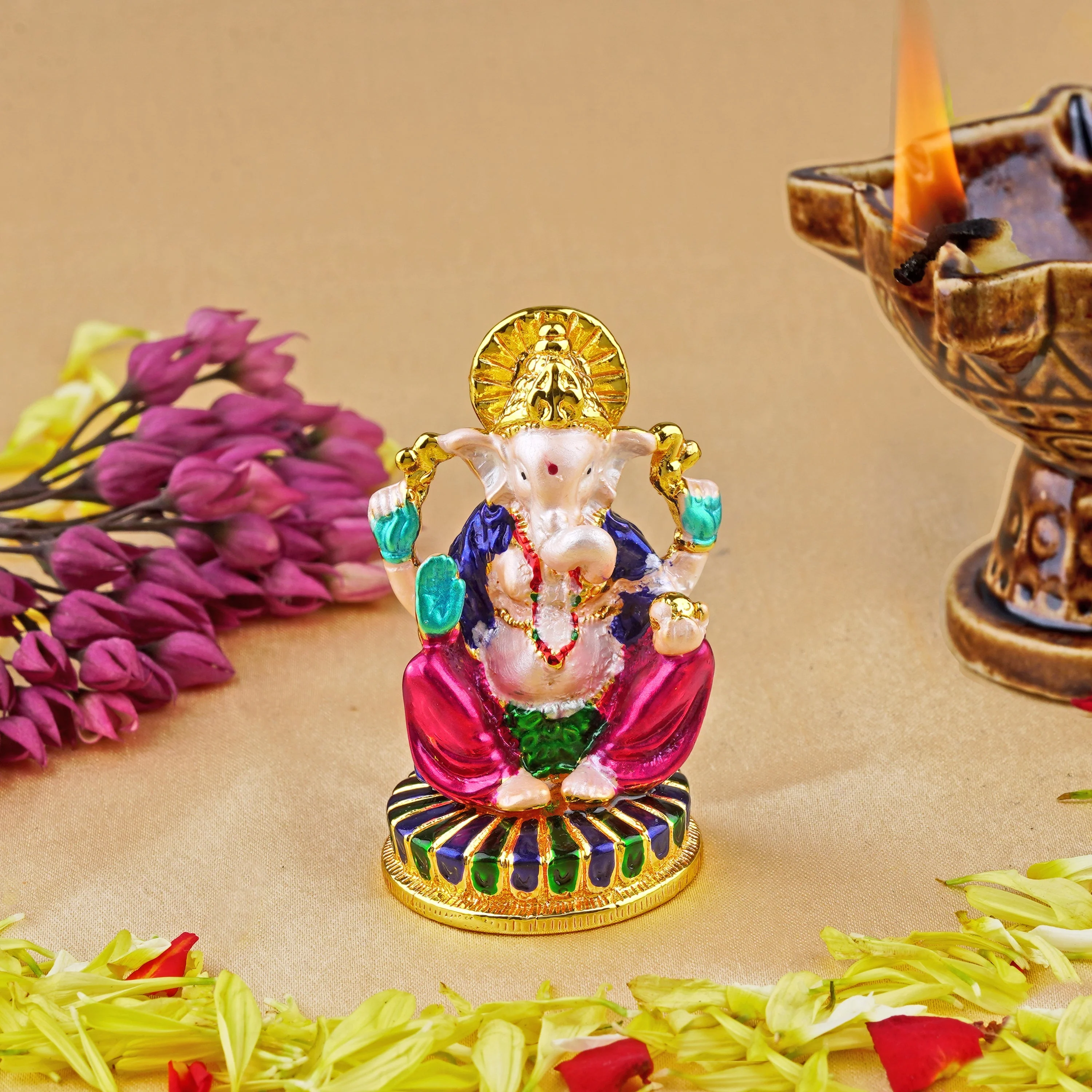 Estele Gold Plated Divine Ganesha With Multi Color Enamel Idol - Image 11