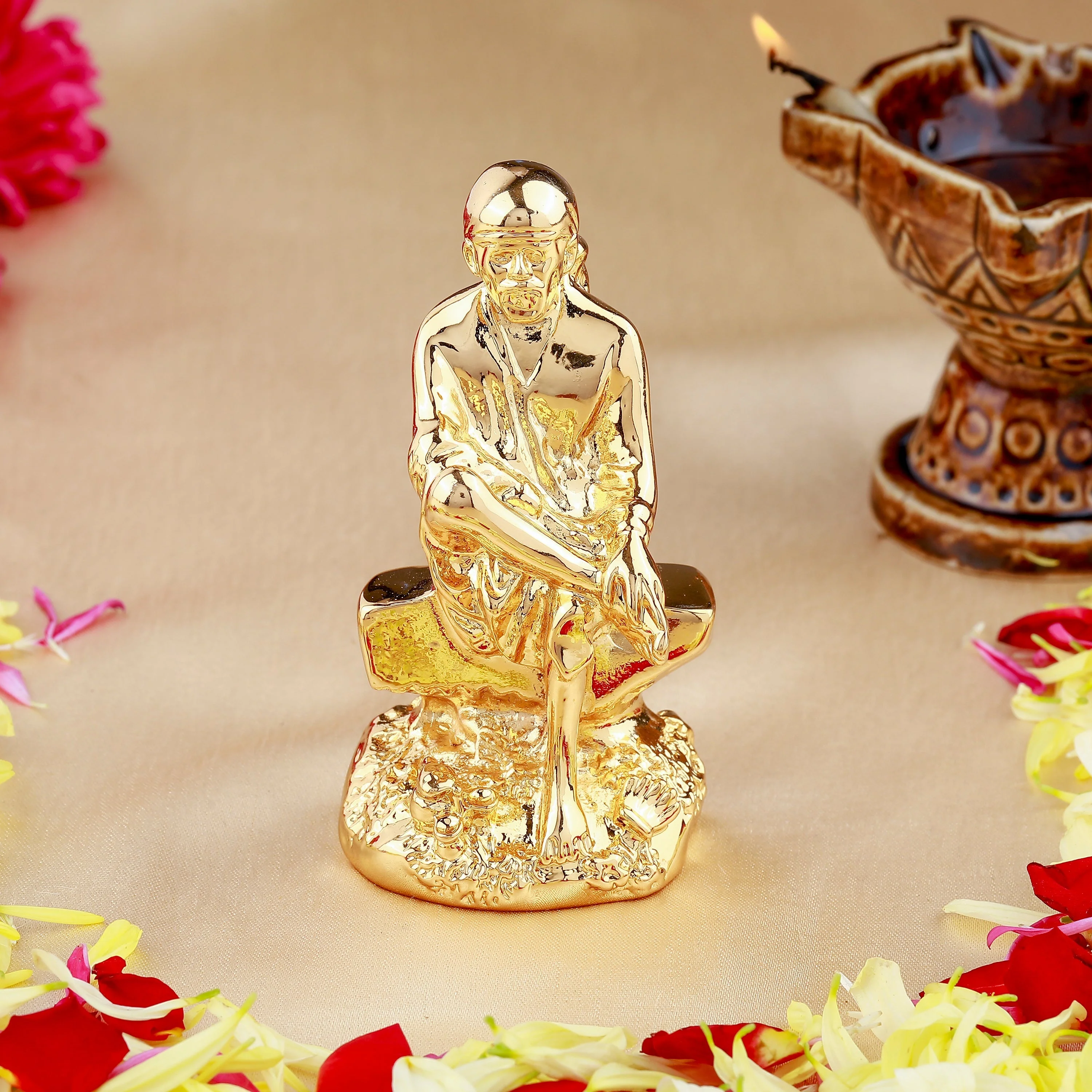 Estele Gold-Plated Divine Shirdi Sai Baba Idol For Pooja/Gifts/Car Decor.