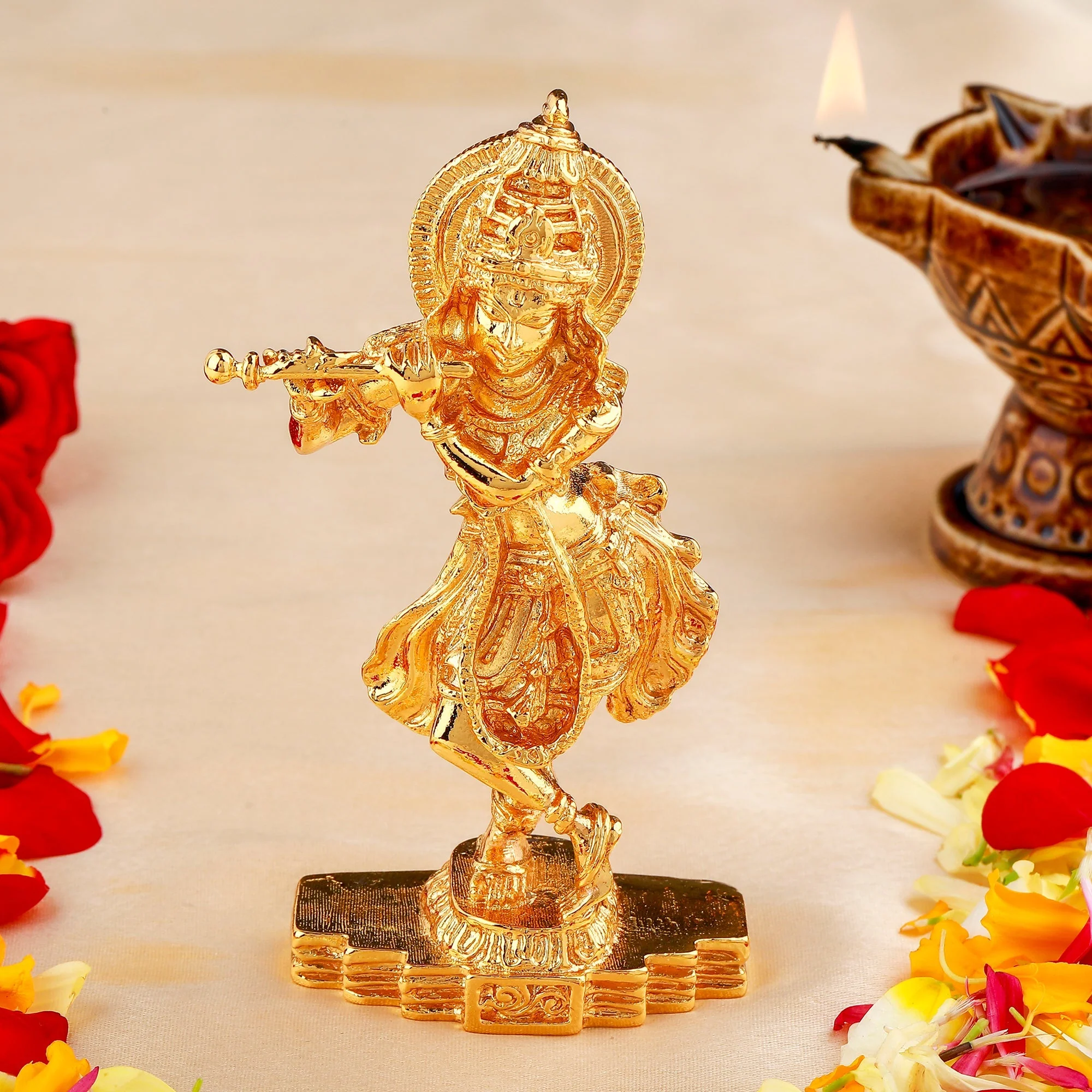 Estele Gold Plated God Of Love Sri Krishna Idol For Pooja/Car Decor.