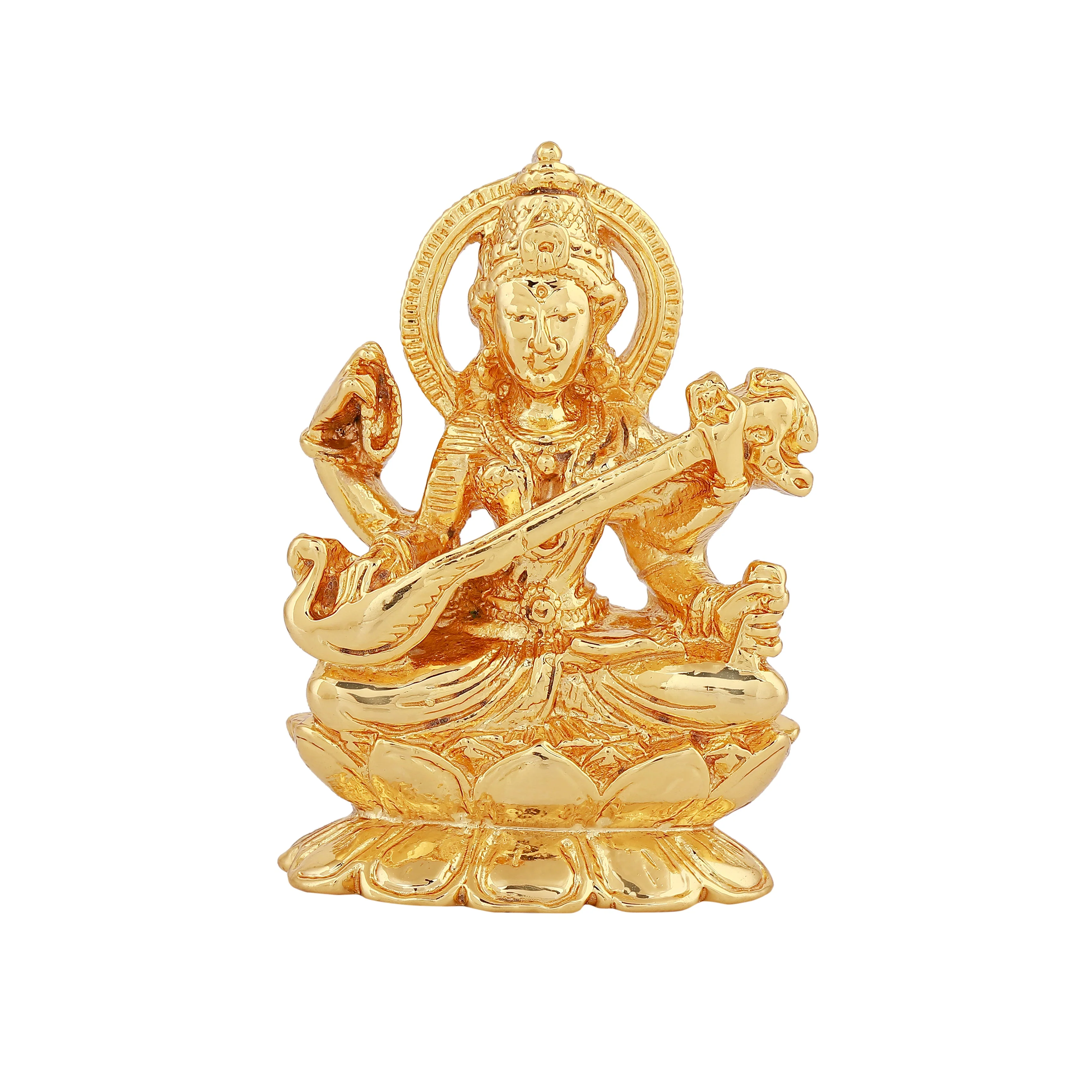 Estele Gold-Plated Goddess Of Knowledge Sarasvati Ma Idol For Pooja & Car Decor. - Image 2