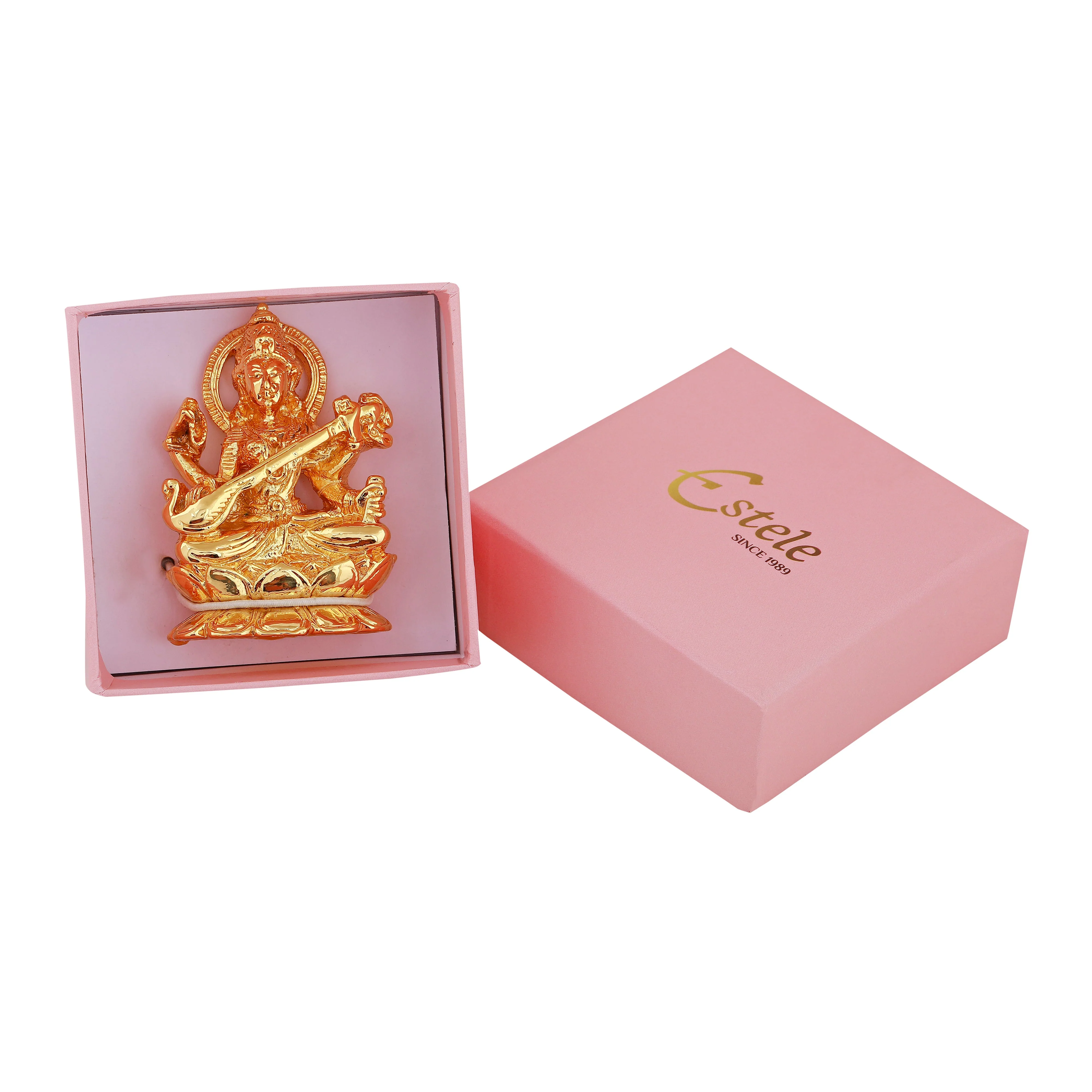 Estele Gold-Plated Goddess Of Knowledge Sarasvati Ma Idol For Pooja & Car Decor. - Image 6