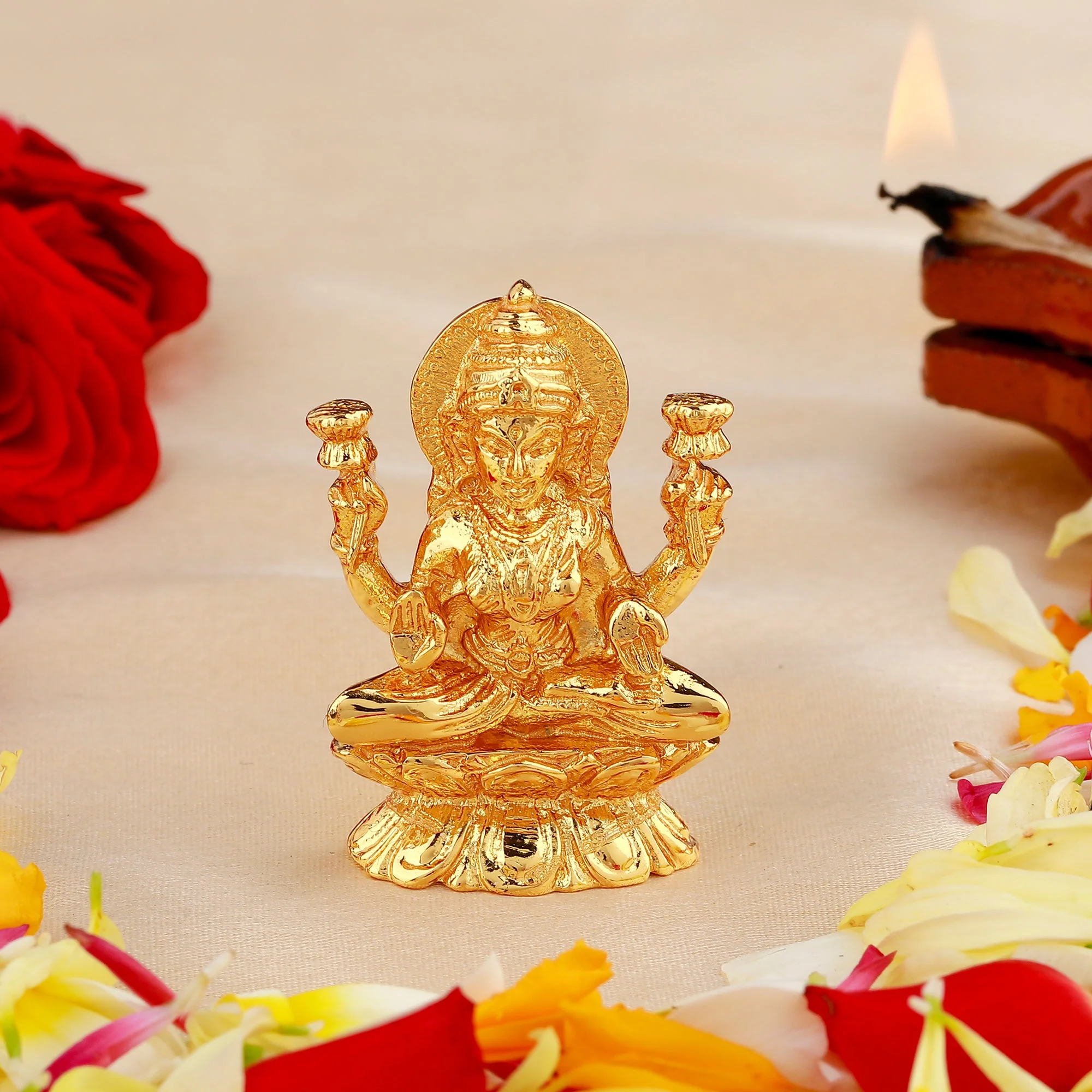 Estele Gold-Plated Goddess Of Wealth Laxmi Devi On Lotus Idol For Pooja/Car Decor