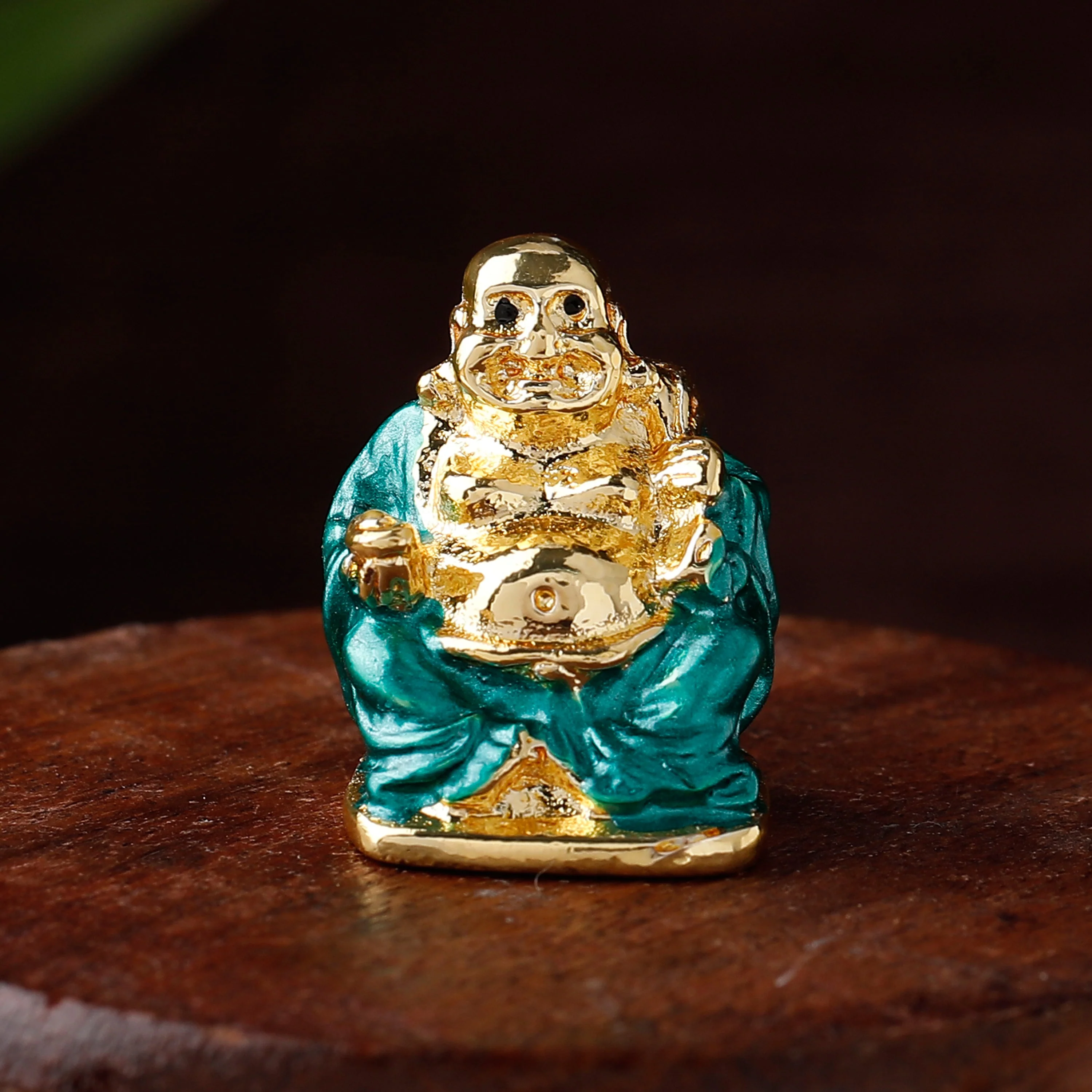 Estele Gold Plated Laughing Buddha With Green Enamel Idol For Perfect Home And Office/Car Decors.