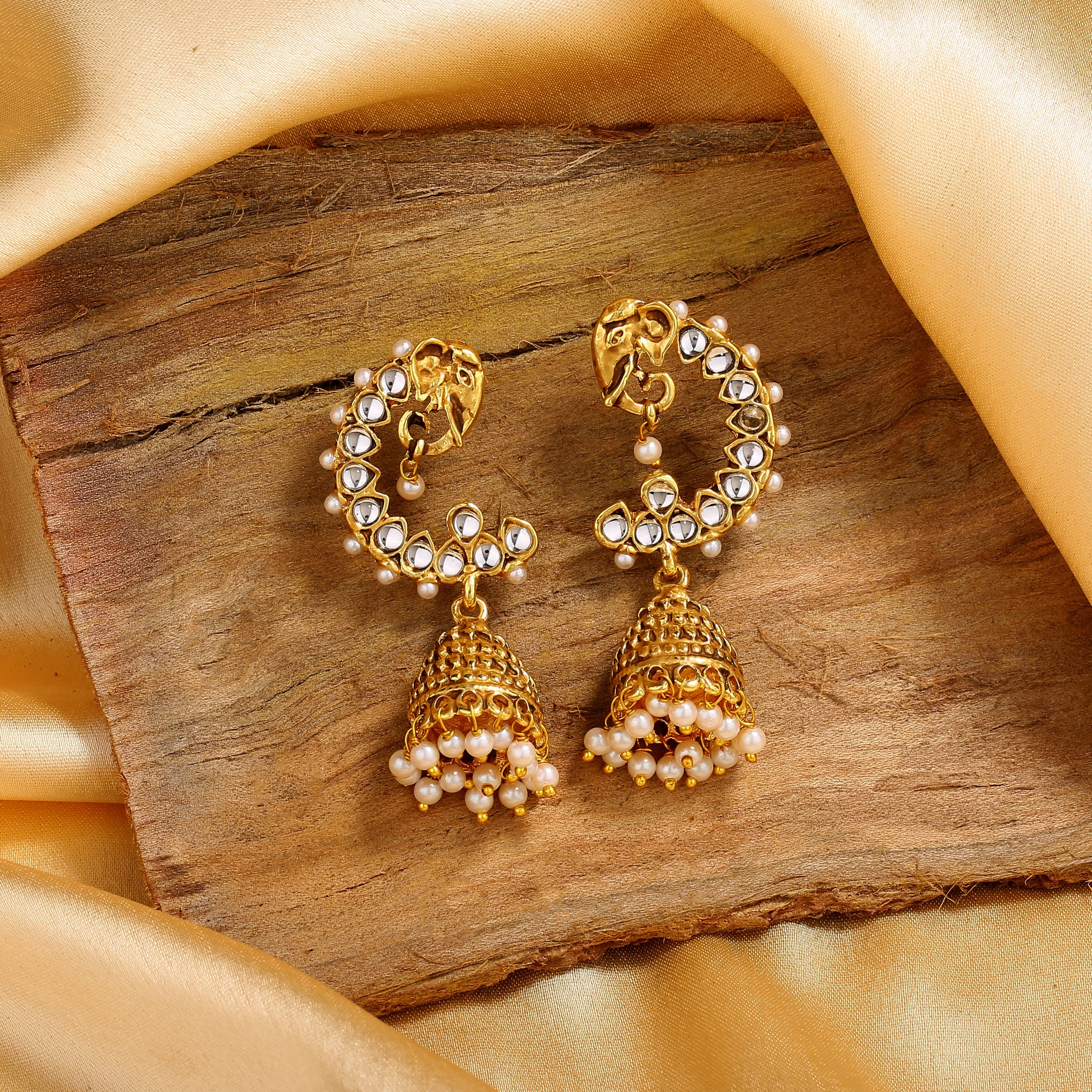 Estele Gold Plated Traditional Kundan Jhumka Earrings For Women