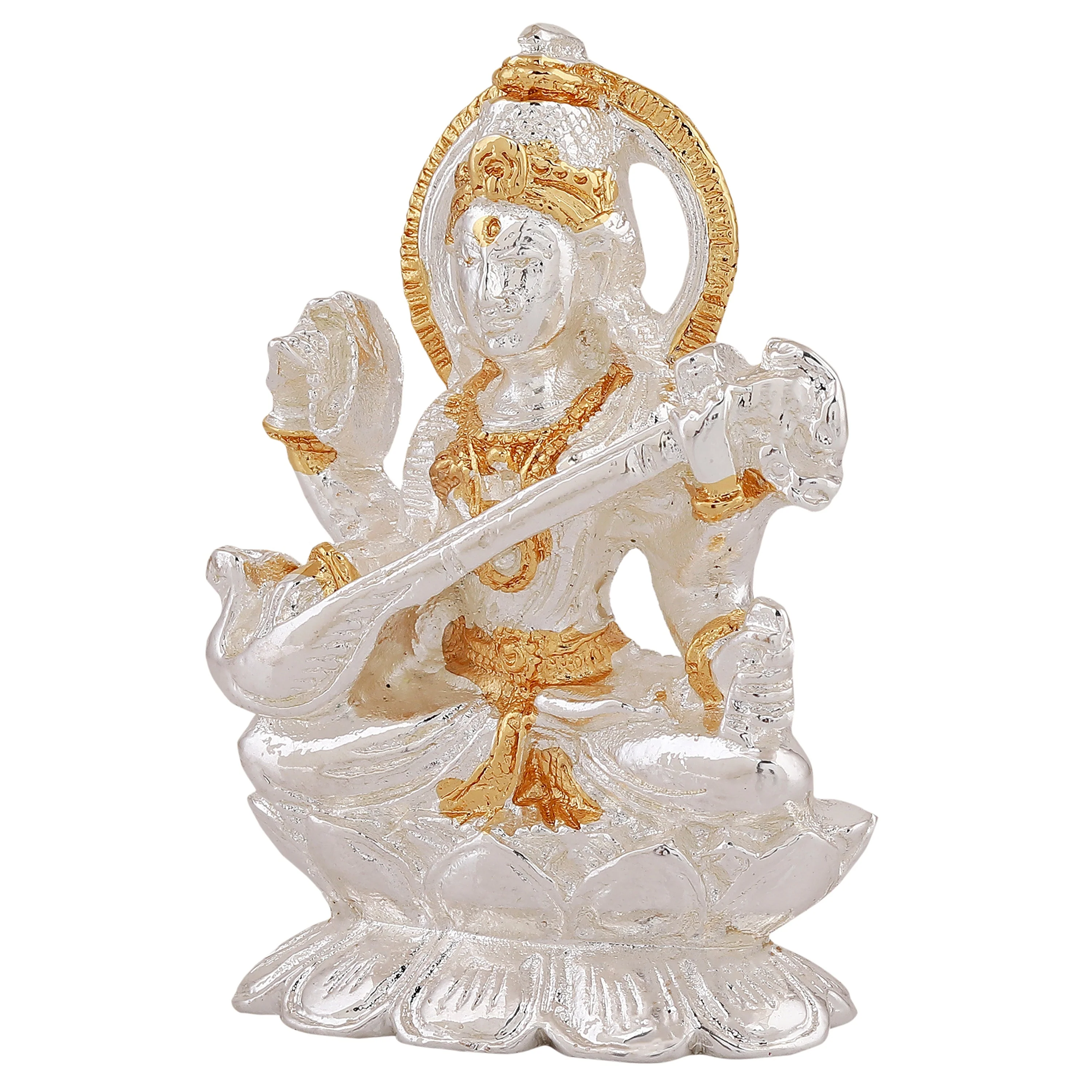 Estele Gold & Rhodium Plated Goddess Of Knowledge Saraswathi Ma Idol For Pooja & Car Decor. - Image 8