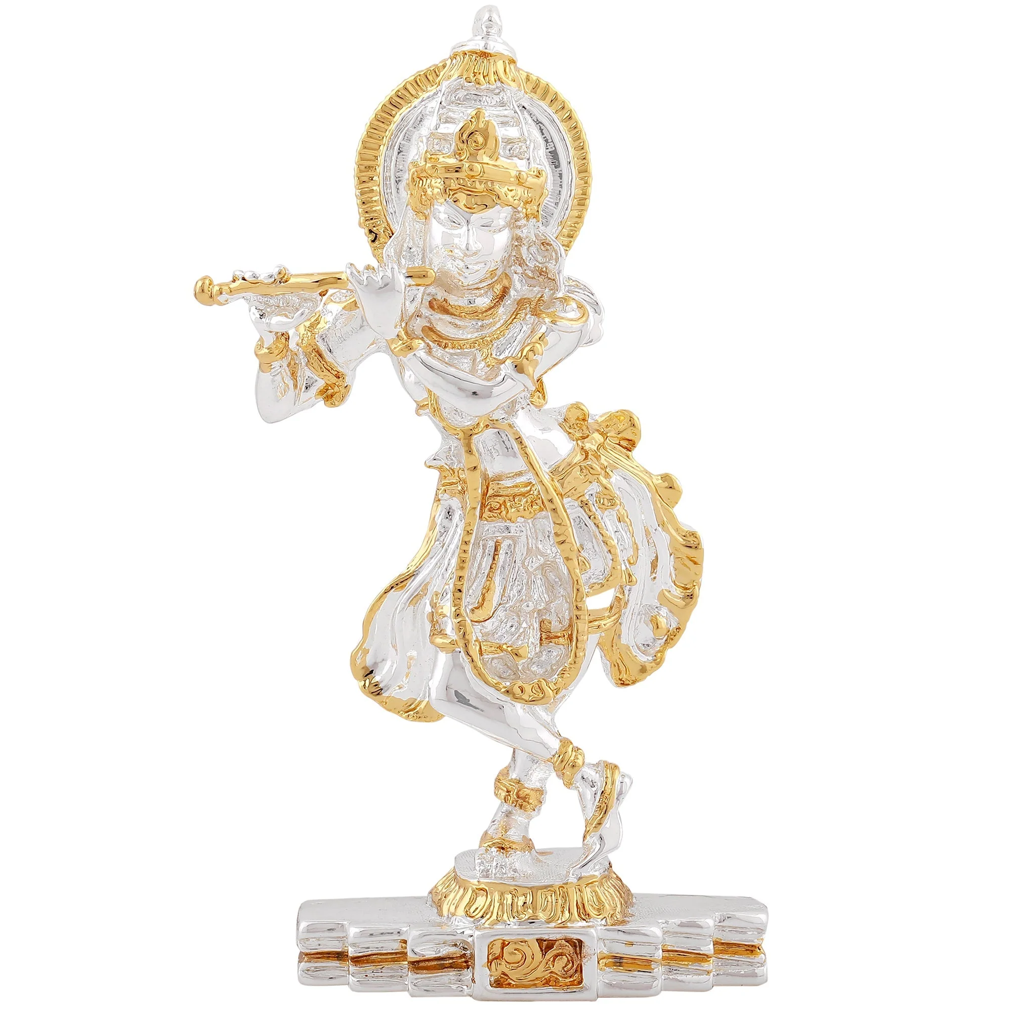 Estele Gold & Rhodium Plated Playing Flute Sri Krishna Idol For Home/Car Decor. - Image 2