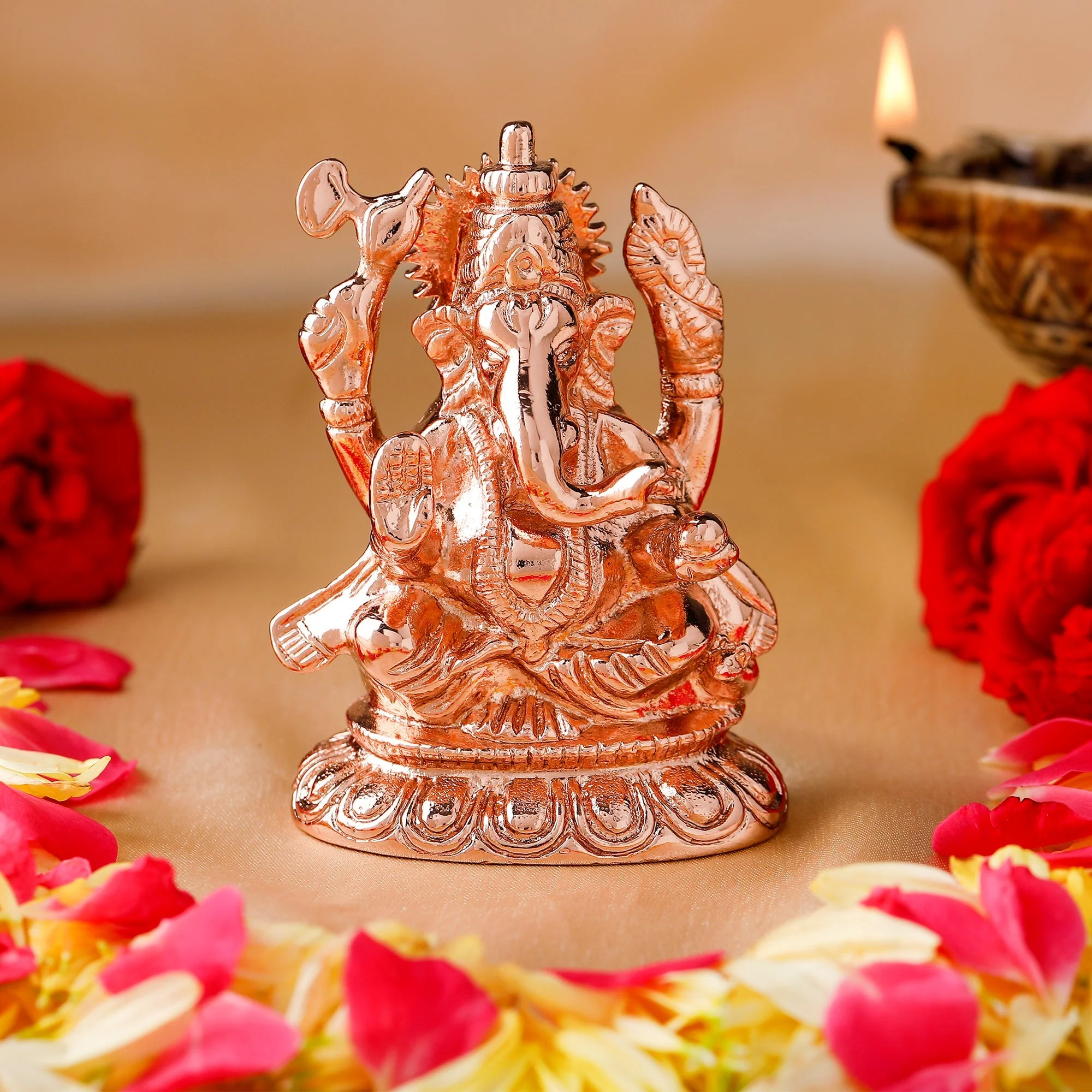 Estele Pink/Rosegold Plated Spiritual Ganesh Idol For Pooja/Car Decor