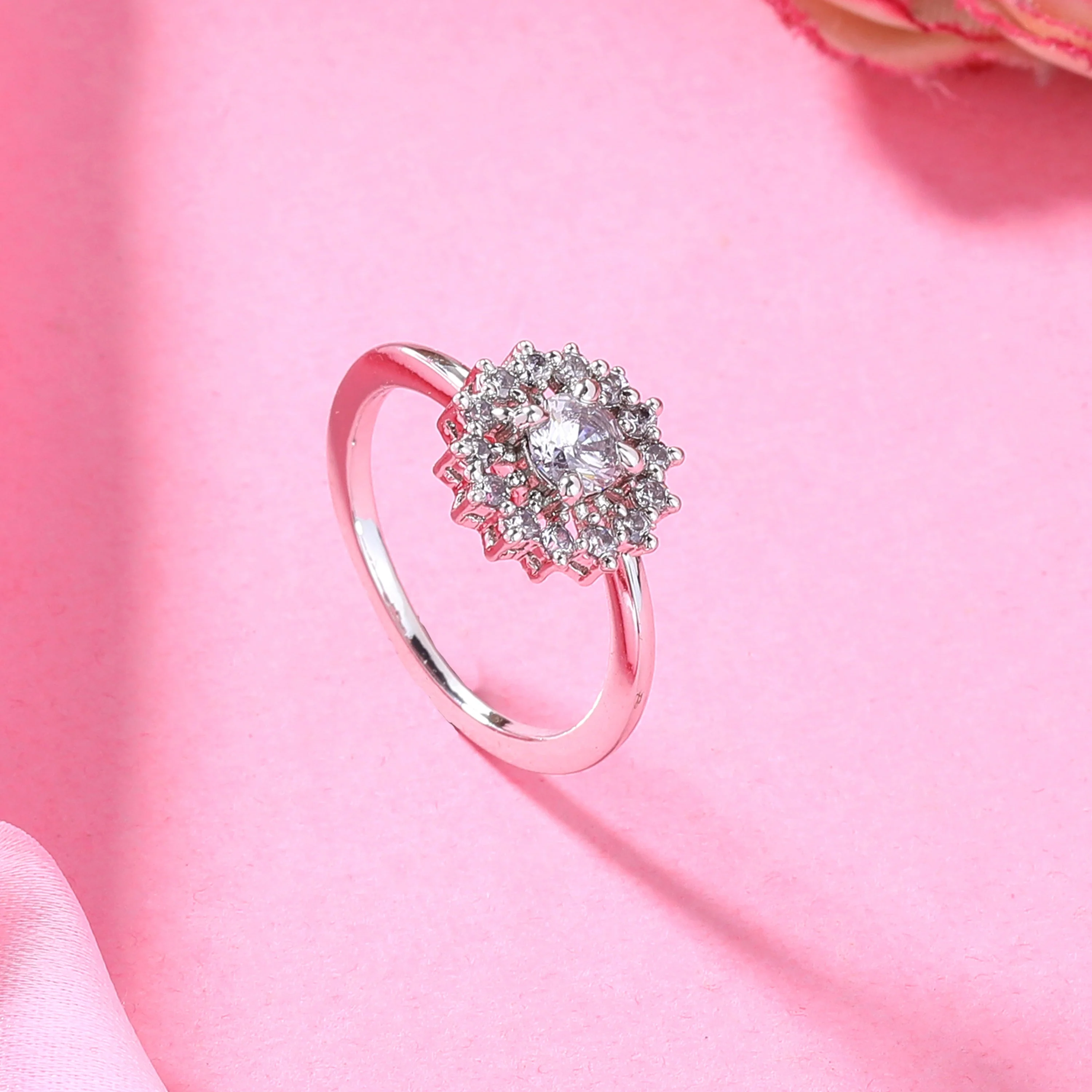 Estele Rhodium Plated CZ Flower Designer Finger Ring for Women (Adjustable) - Image 3