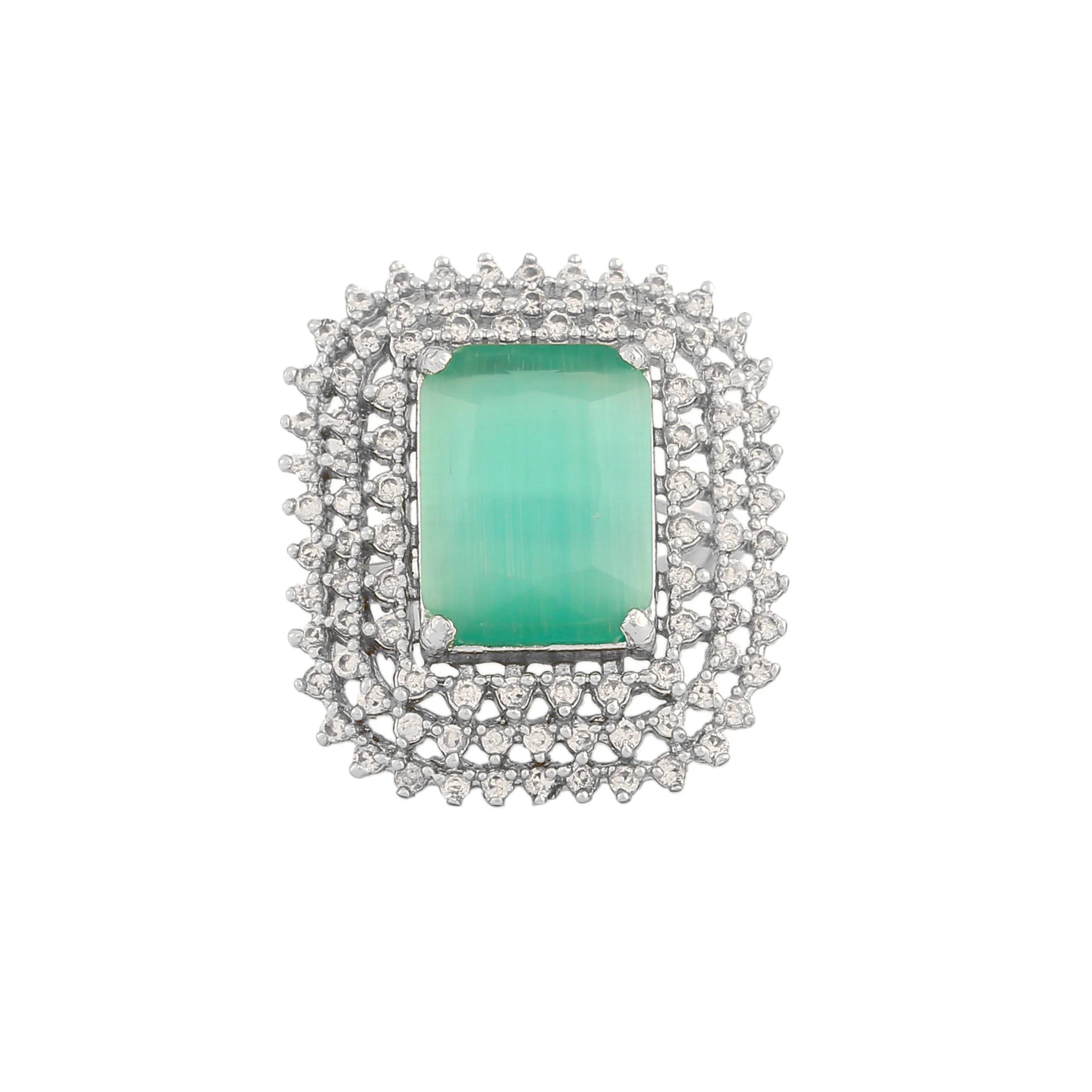 Estele Rhodium Plated Cz Sparkling Finger Ring With Mint Green Stone For Women(Adjustable) - Image 4