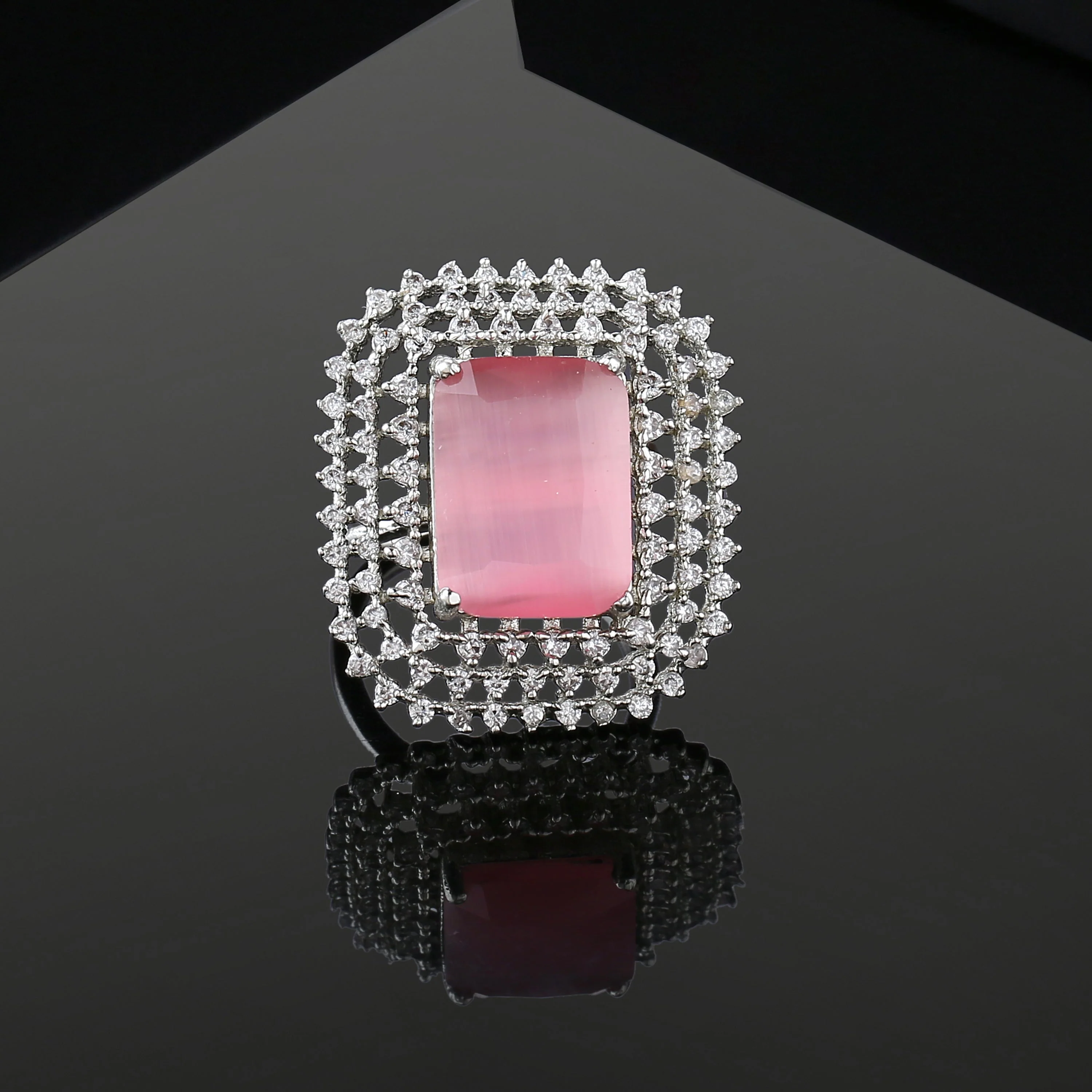 Estele Rhodium Plated Cz Sparkling Finger Ring With Mint Pink Stone For Women(Adjustable) - Image 2