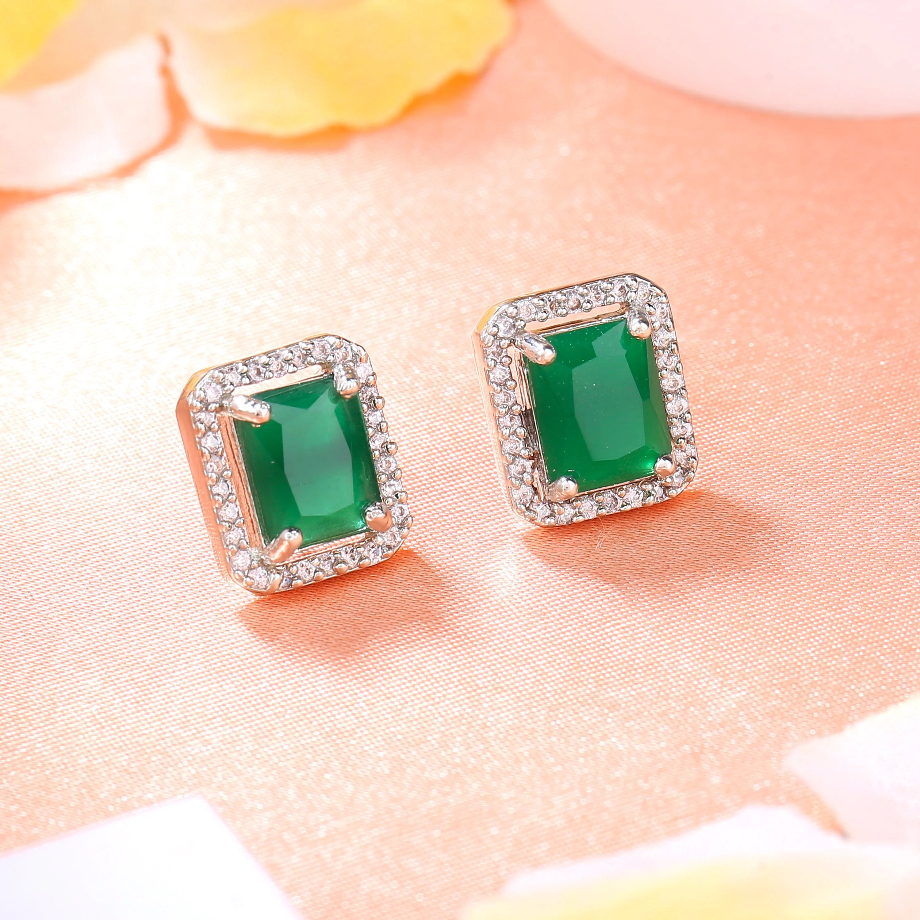 Estele Rhodium Plated Cz Square Designer Stud Earrings With Green Crystals For Women - Image 8