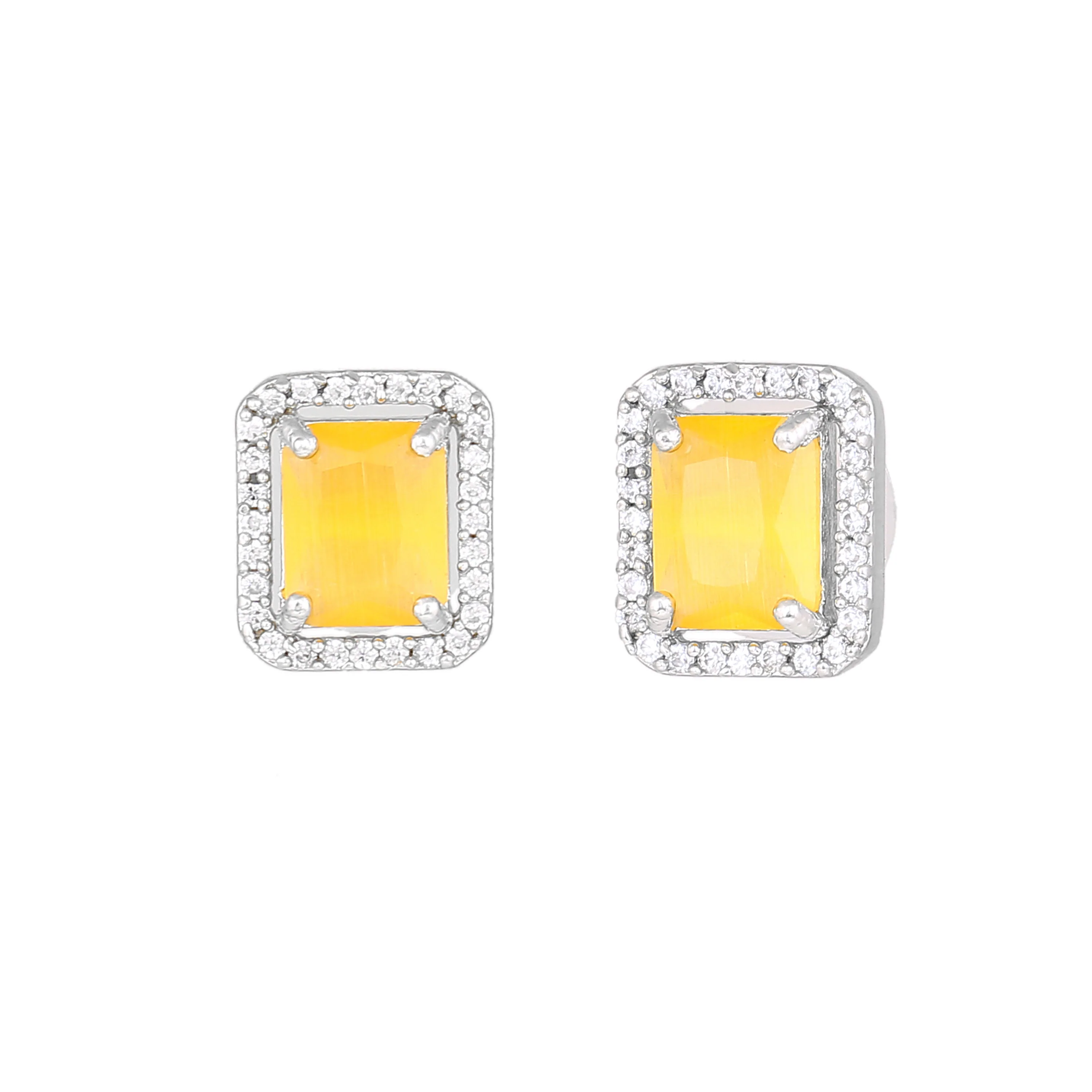 Estele Rhodium Plated Cz Square Designer Stud Earrings With Yellow Crystals For Women - Image 3
