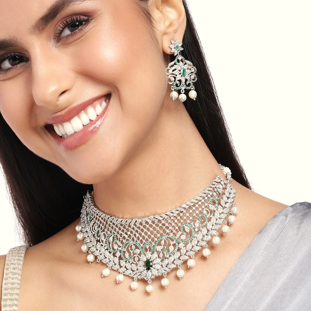 Estele Rhodium Plated Designer Traditional Bridal Choker Set With Pearls & Green Stones For Women - Image 13
