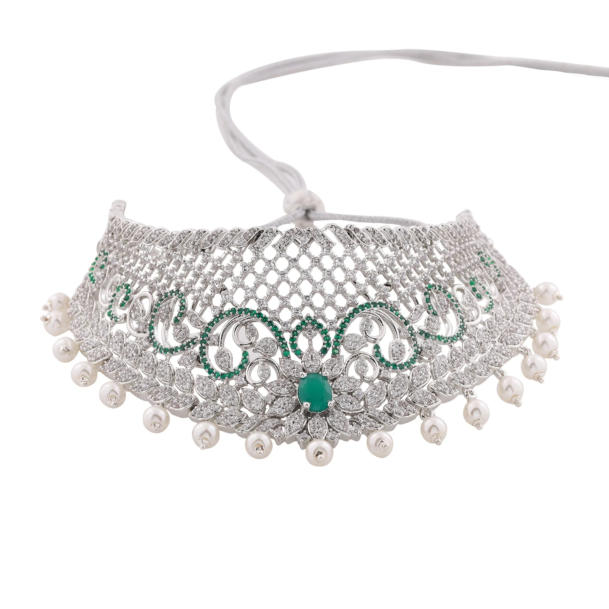 Estele Rhodium Plated Designer Traditional Bridal Choker Set With Pearls & Green Stones For Women - Image 4