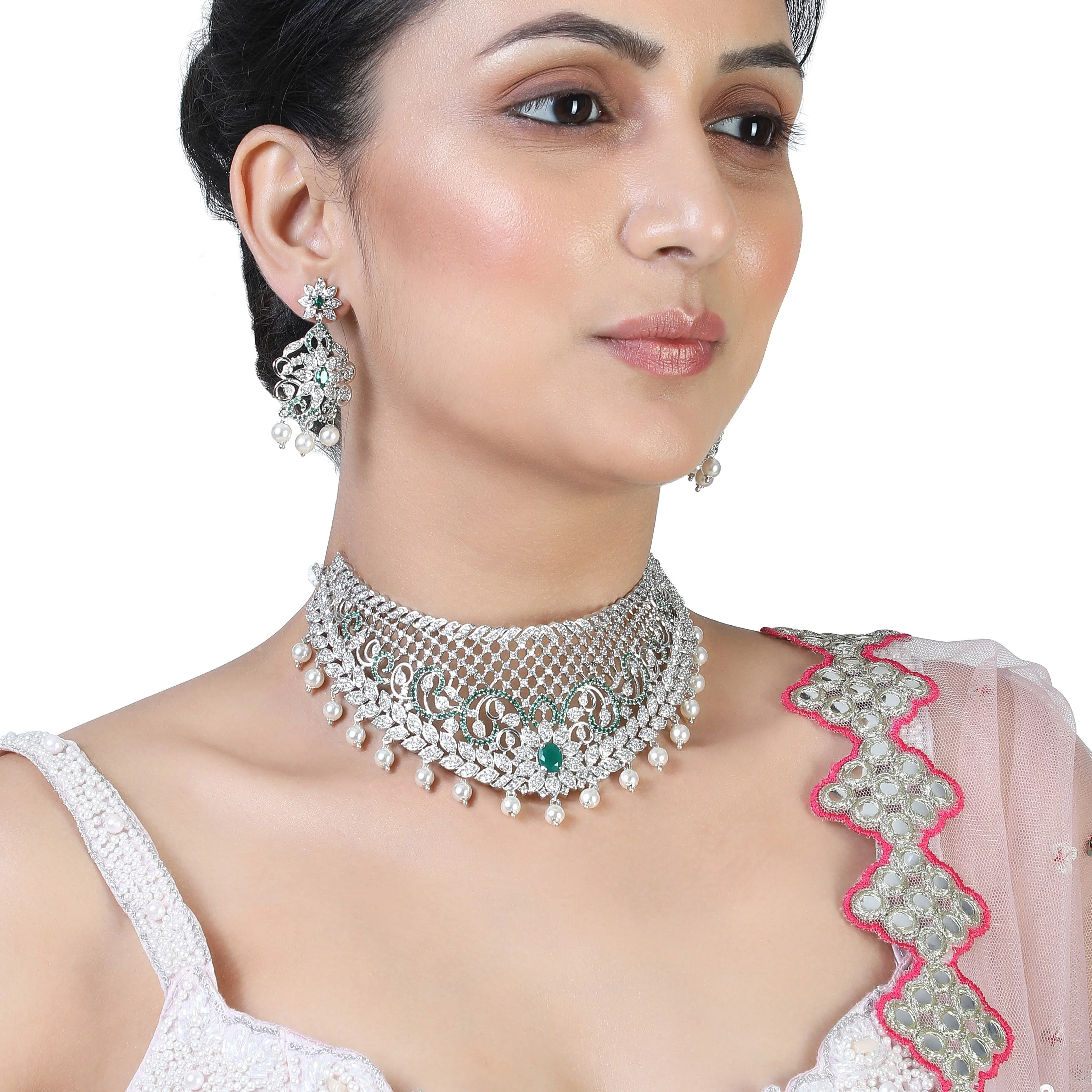 Estele Rhodium Plated Designer Traditional Bridal Choker Set With Pearls & Green Stones For Women - Image 5