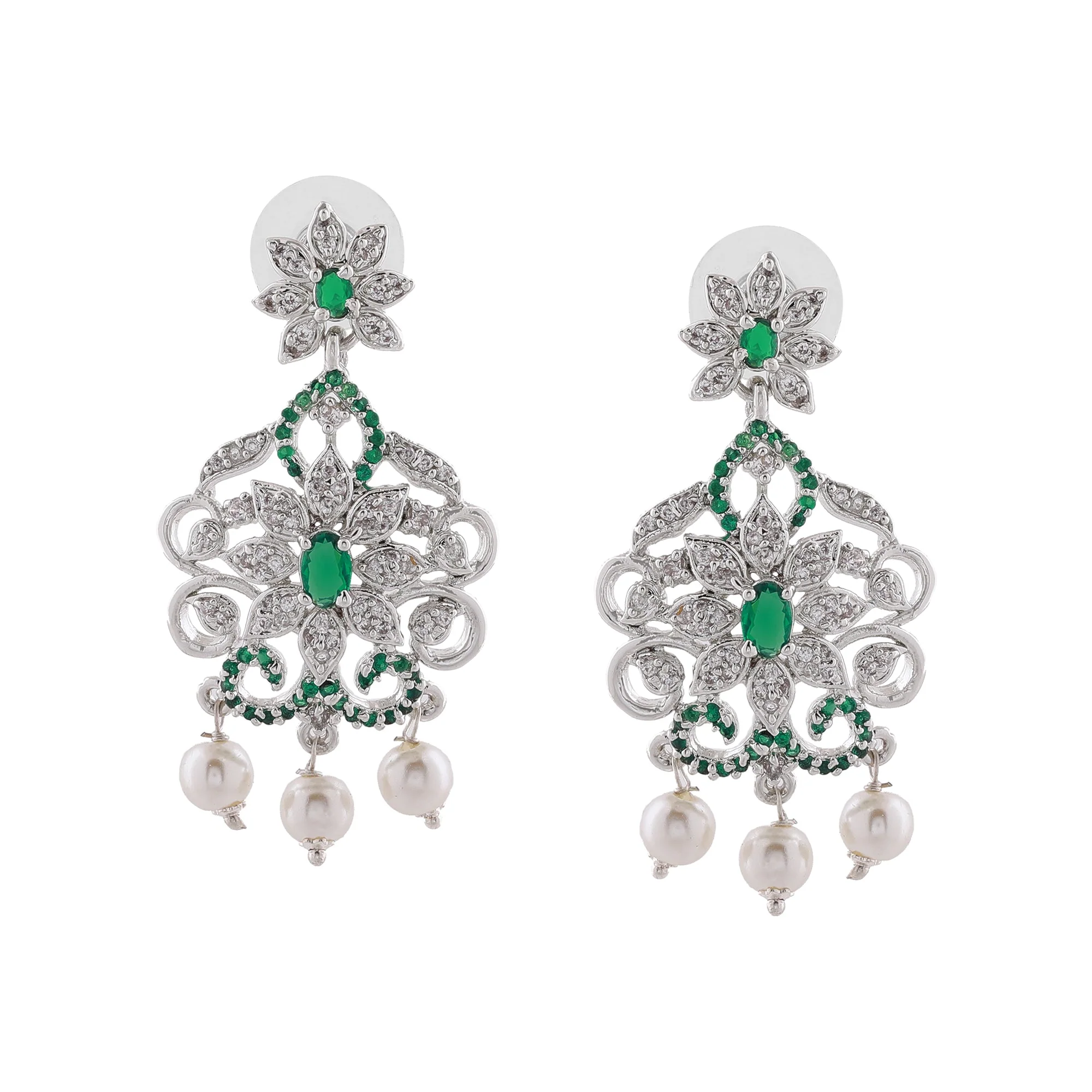 Estele Rhodium Plated Designer Traditional Bridal Choker Set With Pearls & Green Stones For Women - Image 7