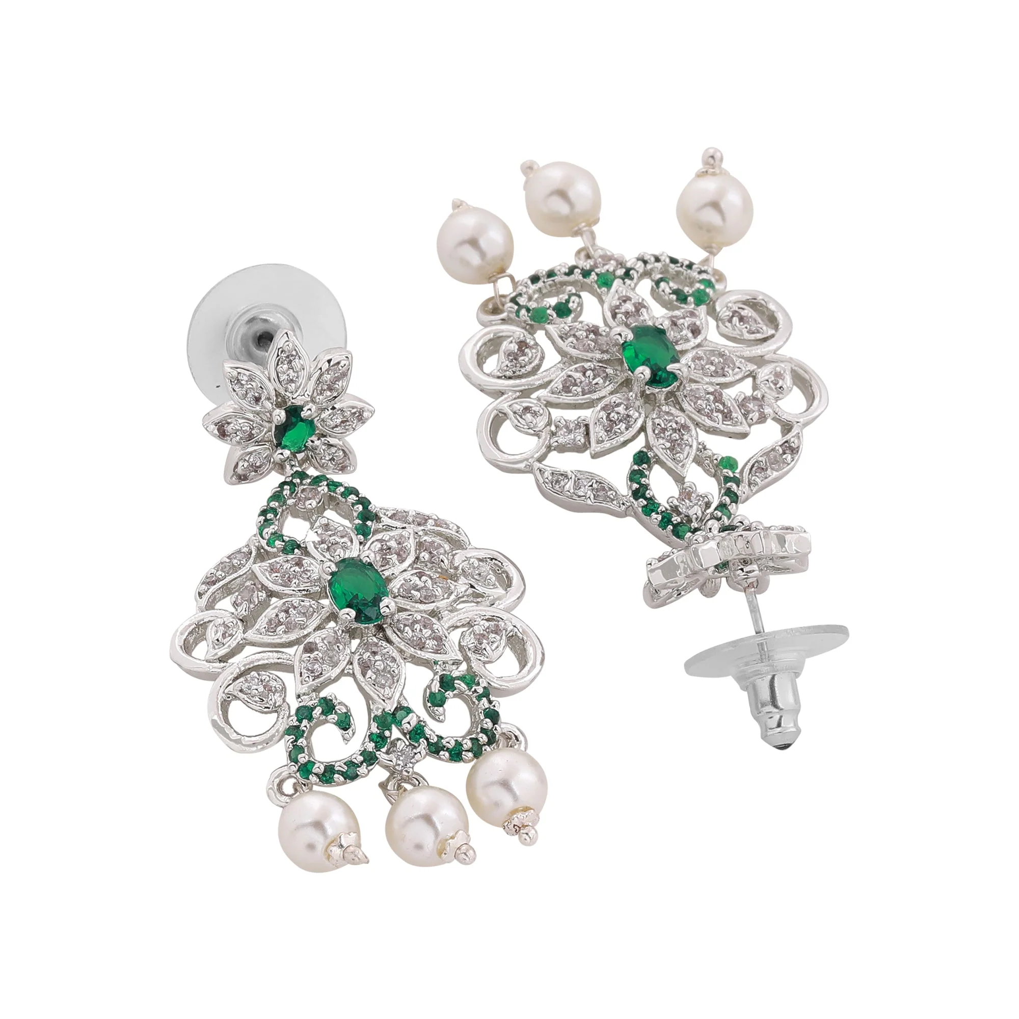 Estele Rhodium Plated Designer Traditional Bridal Choker Set With Pearls & Green Stones For Women - Image 9