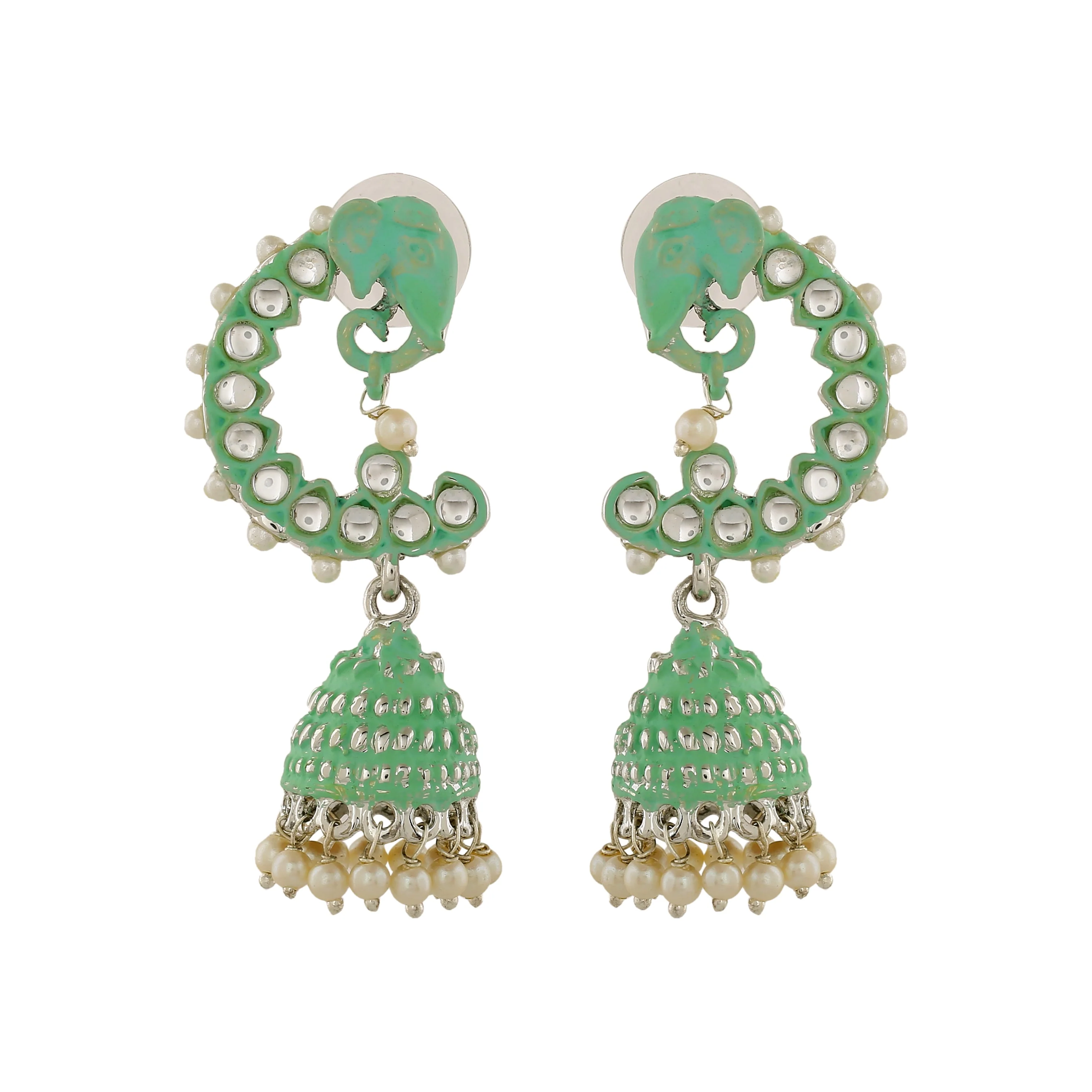 Estele Rhodium Plated Traditional Mint Green Meenakari Jhumka Earrings With Pearls For Women - Image 2
