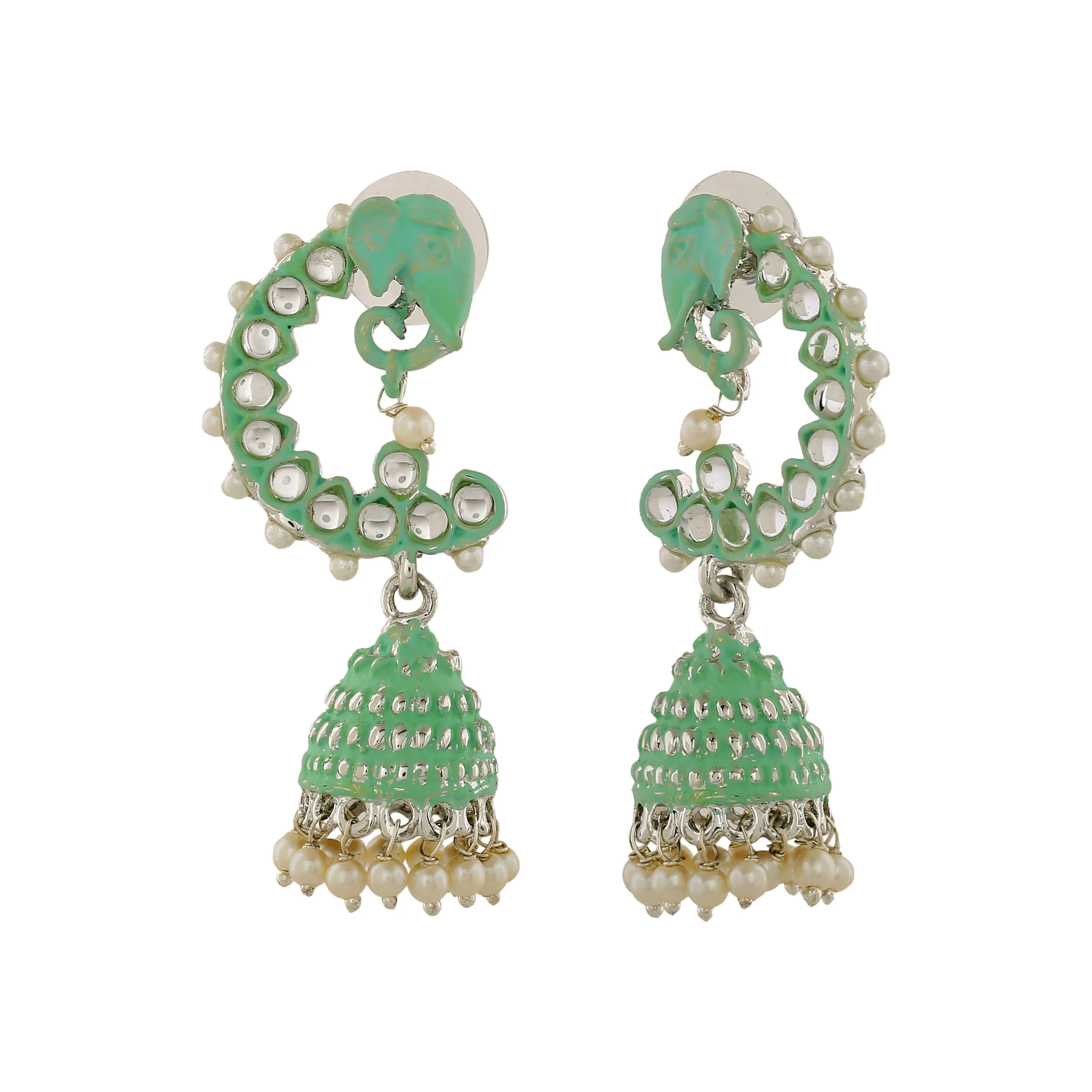 Estele Rhodium Plated Traditional Mint Green Meenakari Jhumka Earrings With Pearls For Women - Image 3