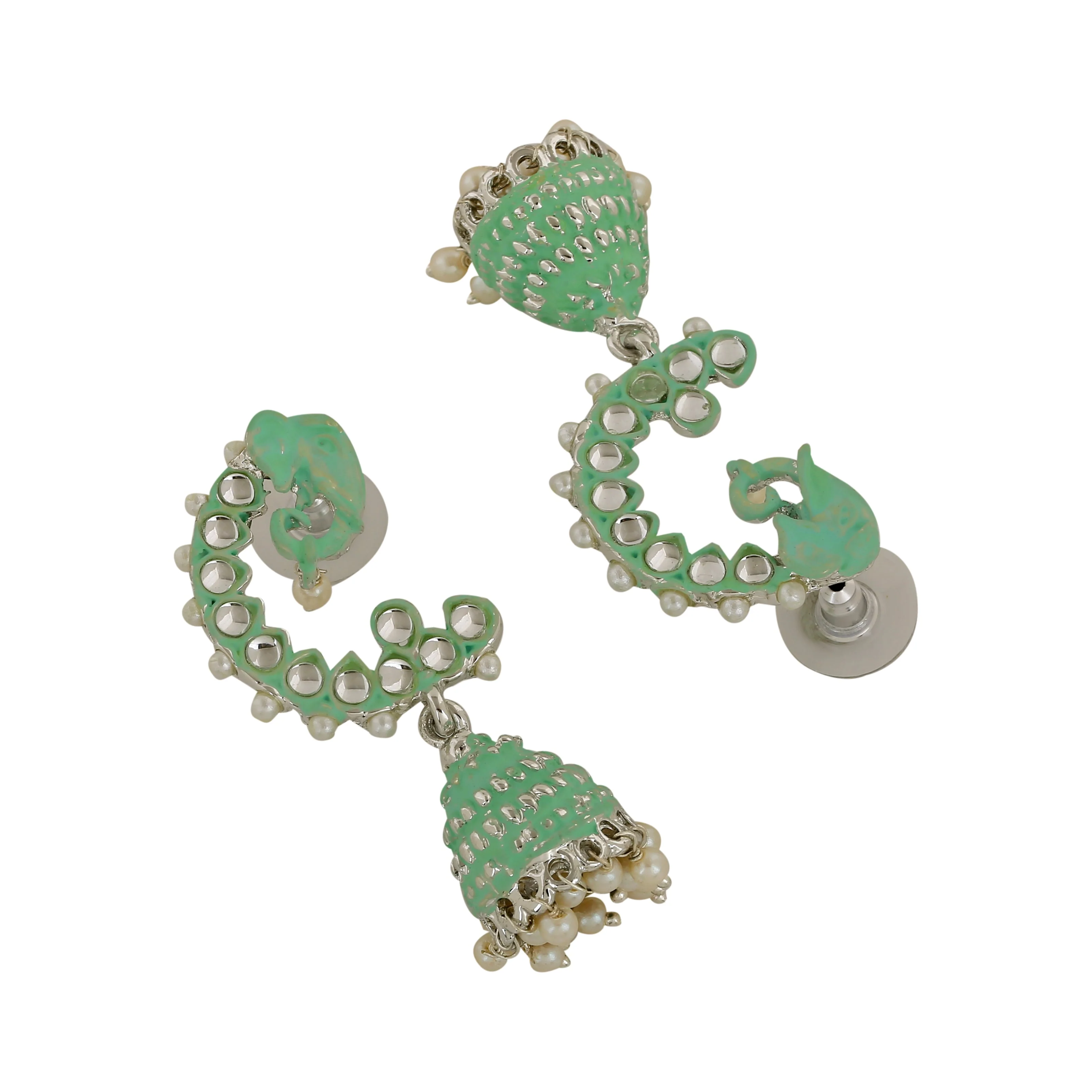 Estele Rhodium Plated Traditional Mint Green Meenakari Jhumka Earrings With Pearls For Women - Image 4