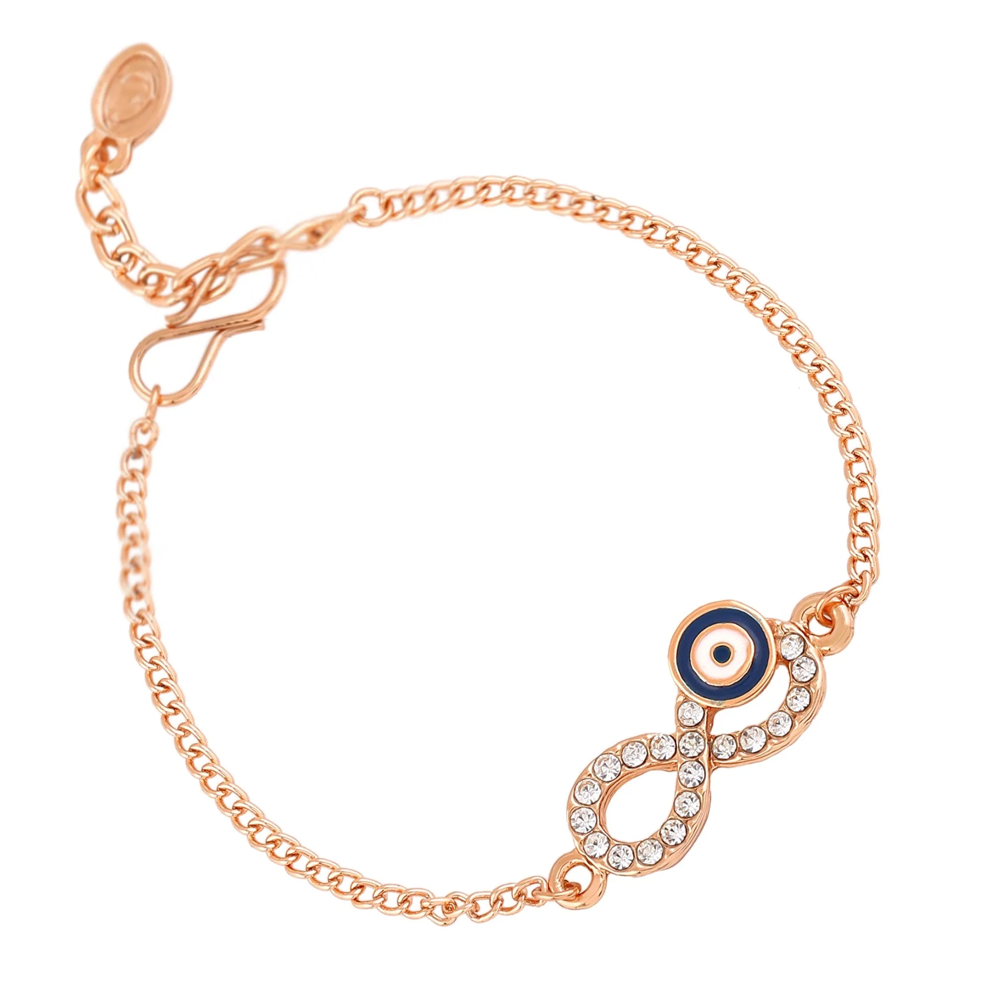 Estele Rose Gold Plated Austrian Crystals Navy Blue Evil Eye Infinity Charm Bracelet - Image 7