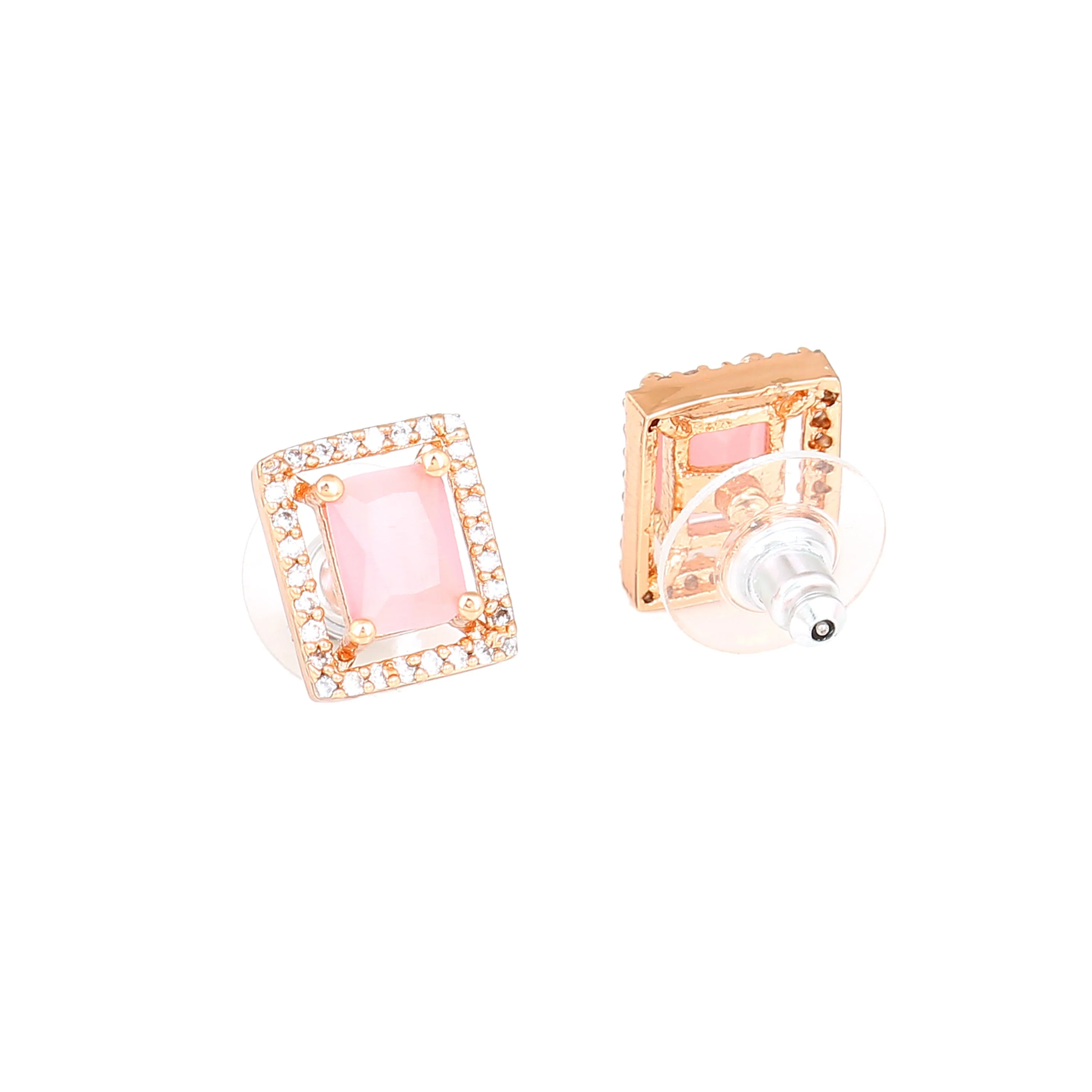 Estele Rose Gold Plated Cz Classic Designer Stud Earrings With Mint Pink Crystals For Women - Image 4