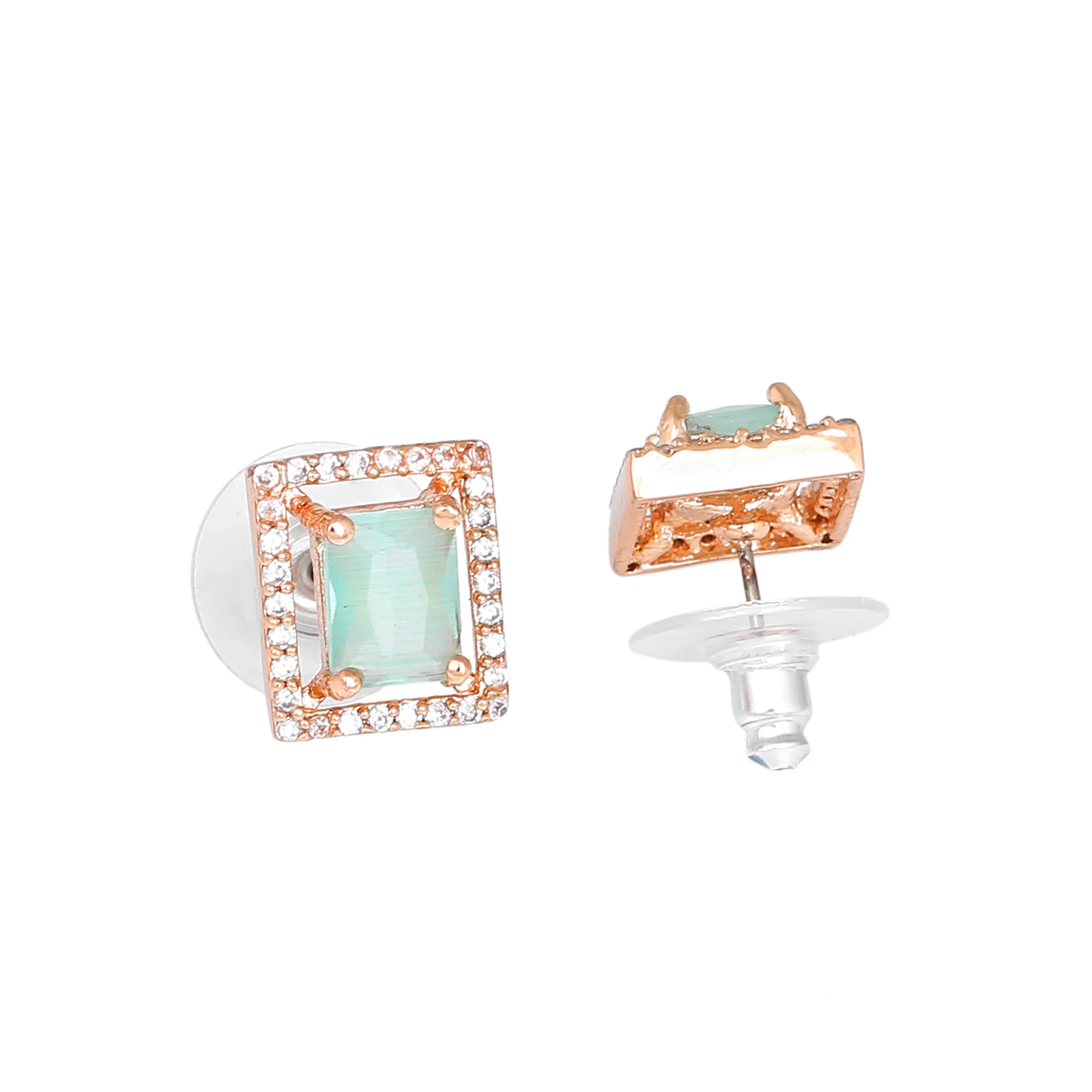 Estele Rose Gold Plated Cz Sparkling Designer Stud Earrings With Mint Green Crystals For Women - Image 4