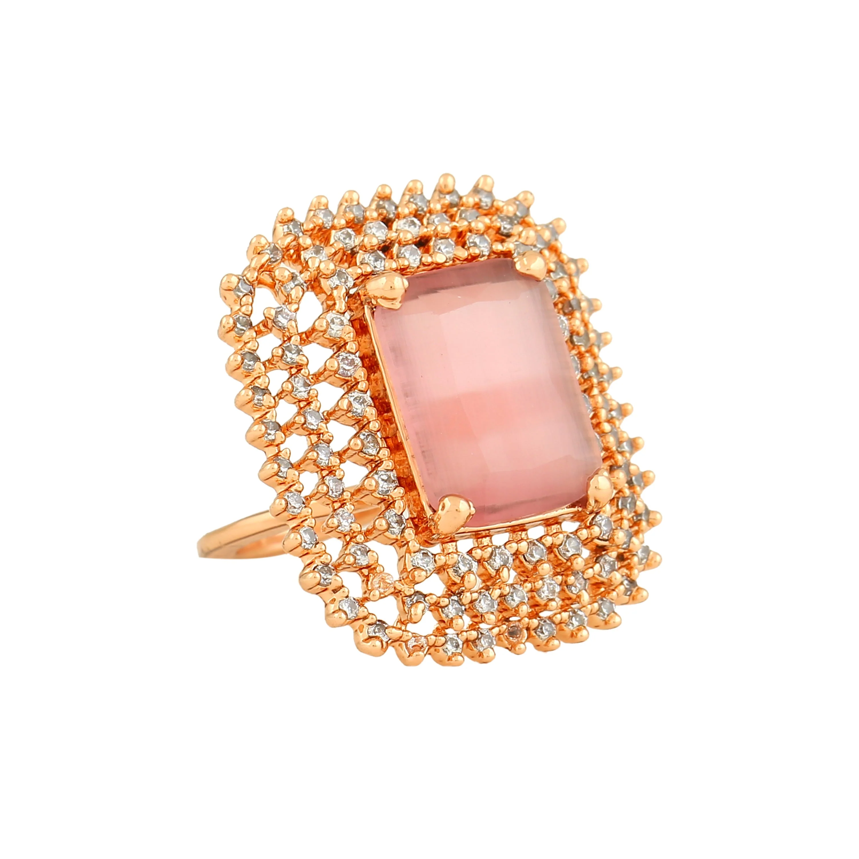 Estele Rose Gold Plated Cz Sparkling Finger Ring With Mint Pink Stone For Women(Adjustable)