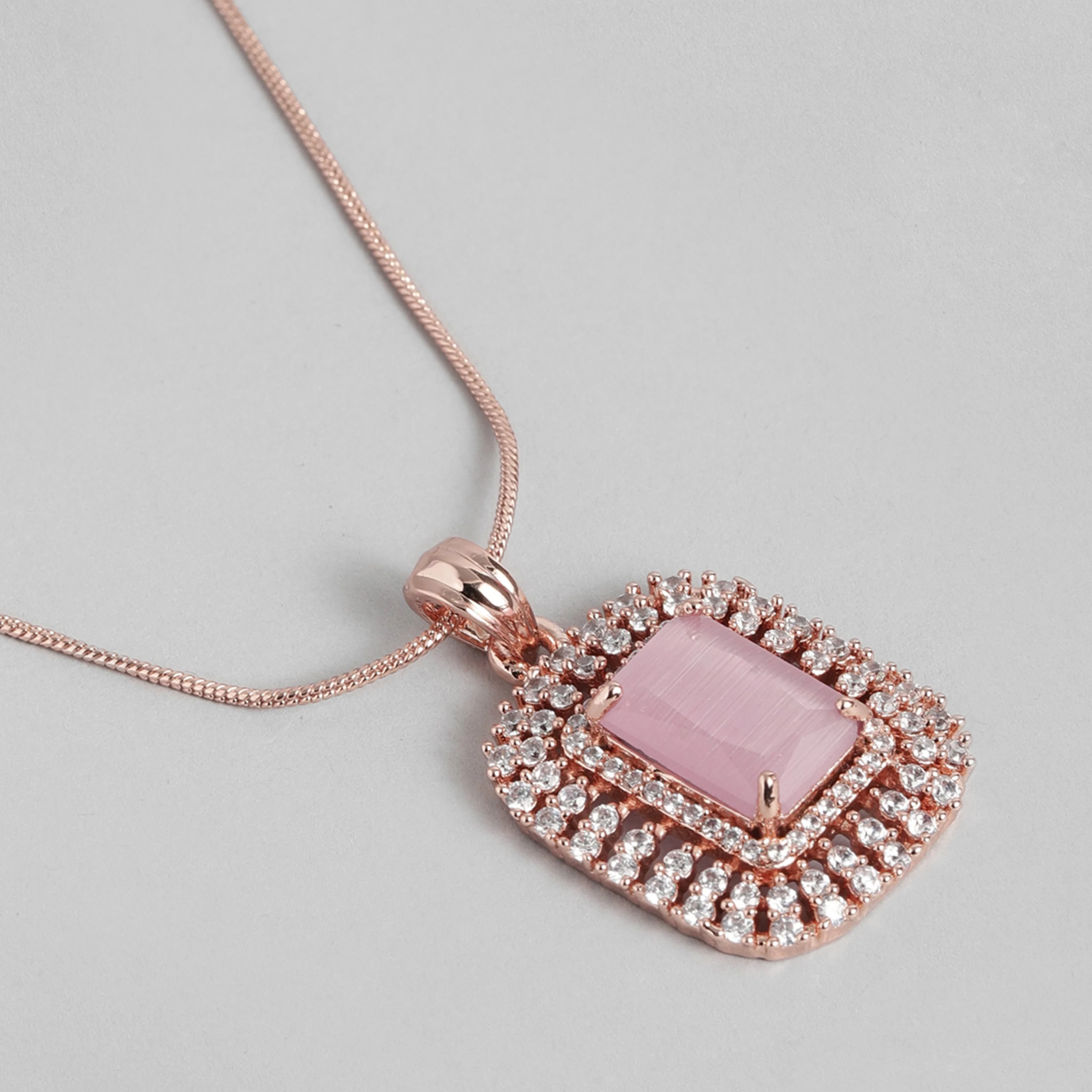 Estele Rose Gold Plated Cz Sparkling Square Designer Pendant Set With Mint Pink Crystals For Women - Image 10