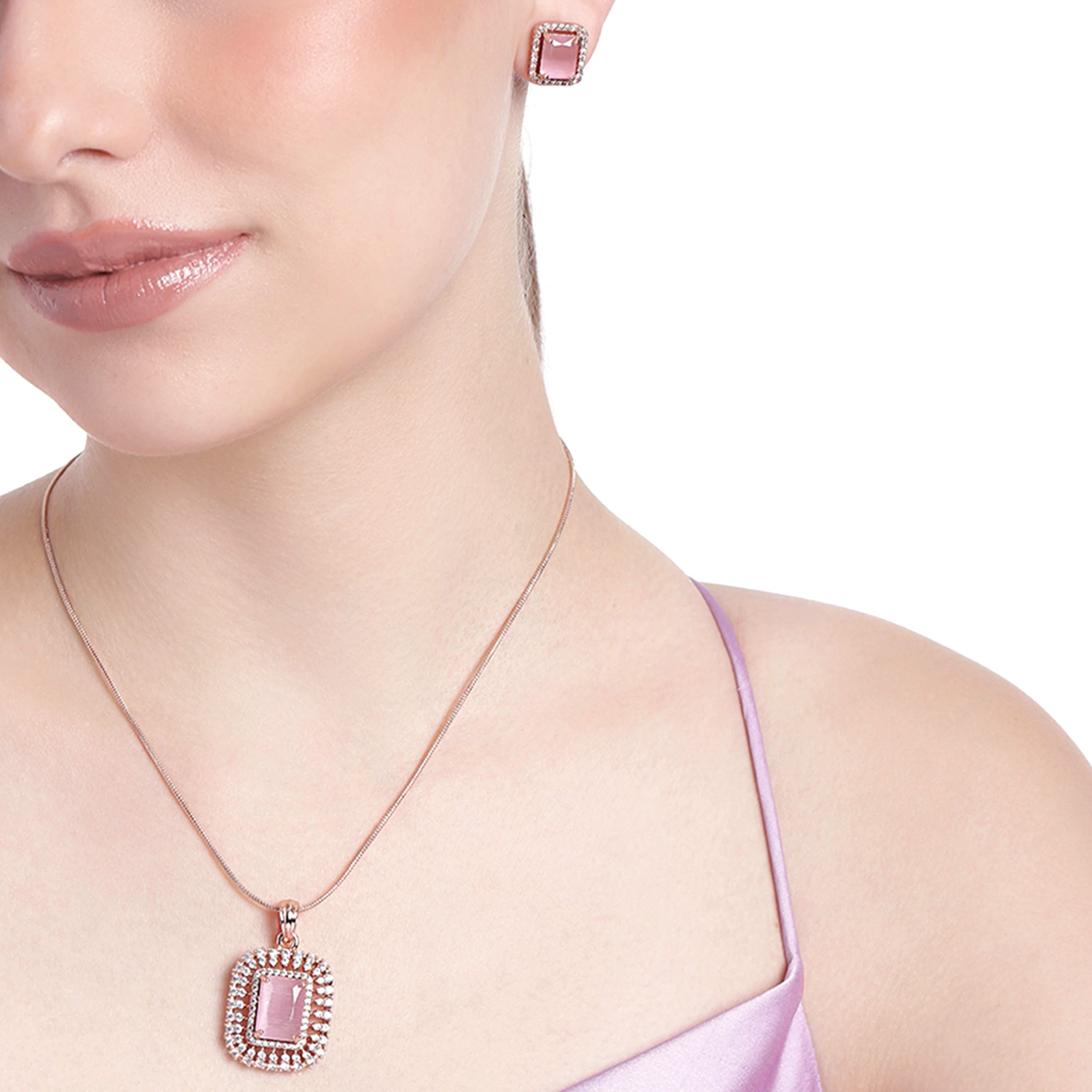 Estele Rose Gold Plated Cz Sparkling Square Designer Pendant Set With Mint Pink Crystals For Women - Image 19