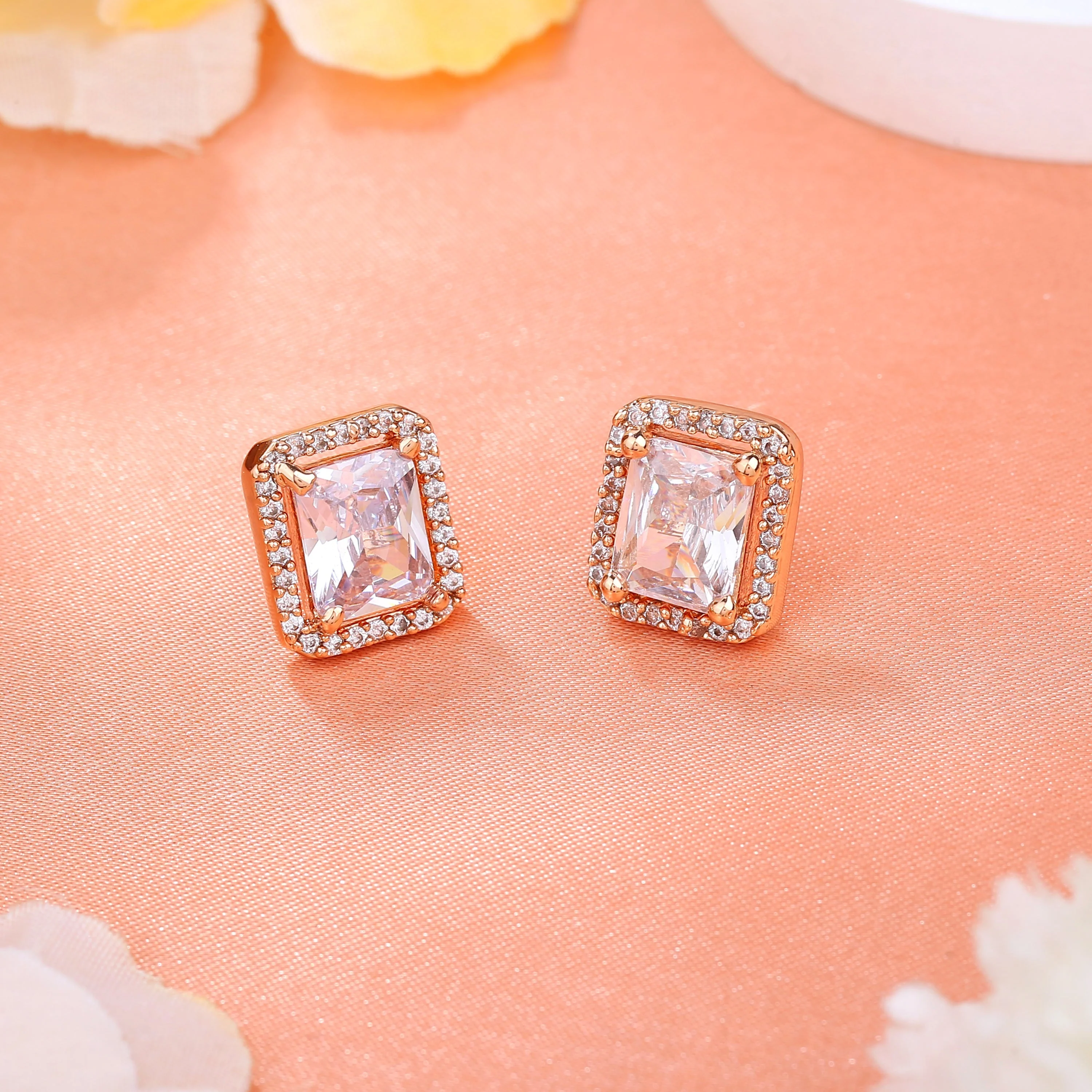 Estele Rose Gold Plated Cz Square Designer Stud Earrings For Women - Image 9