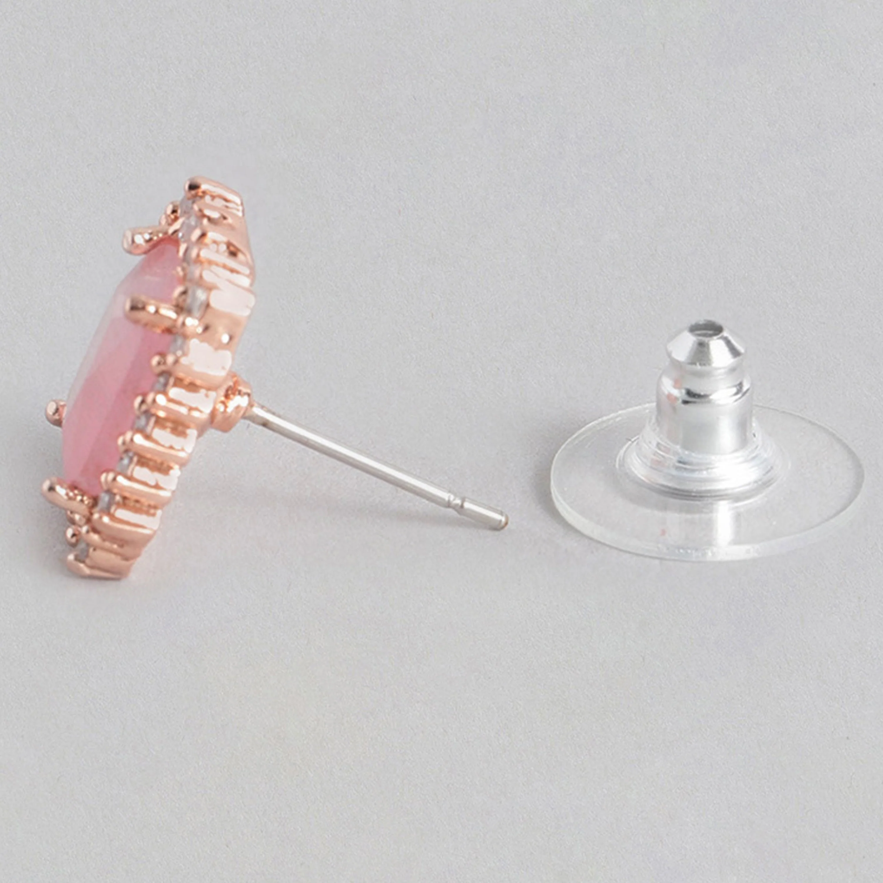 Estele Rose Gold Plated CZ Square Designer Stud Earrings with Mint Pink Stones for Women - Image 4