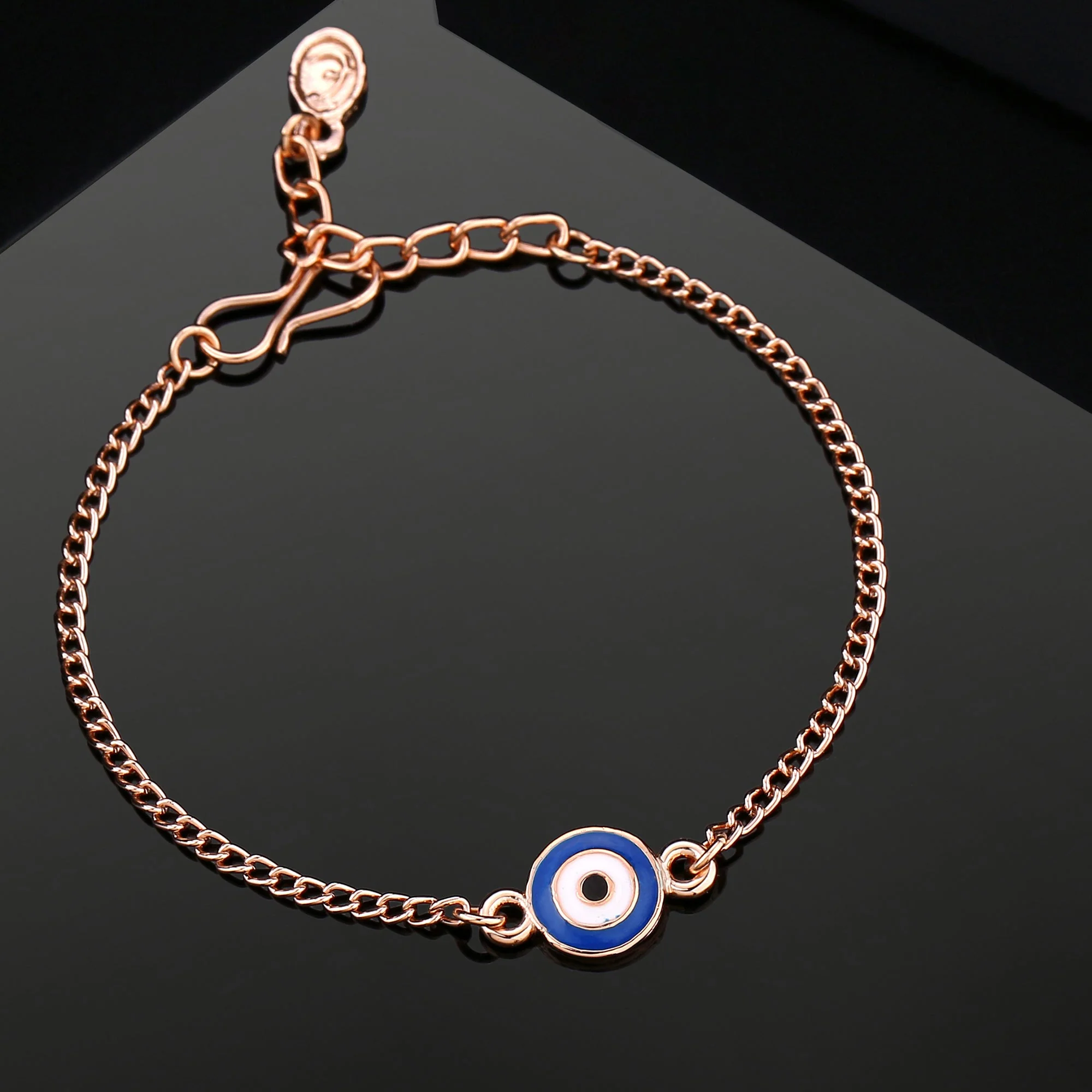 Estele Rose Gold Plated Round Evil Eye Navy Blue & White Rakhi Charm Bracelet - Image 17