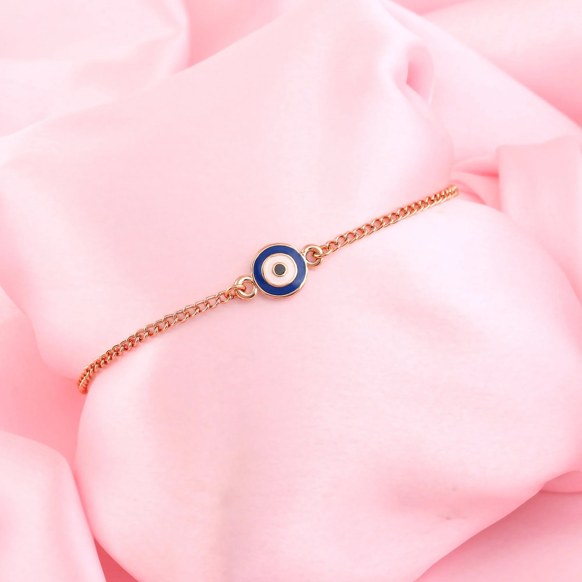 Estele Rose Gold Plated Round Evil Eye Navy Blue & White Rakhi Charm Bracelet - Image 3