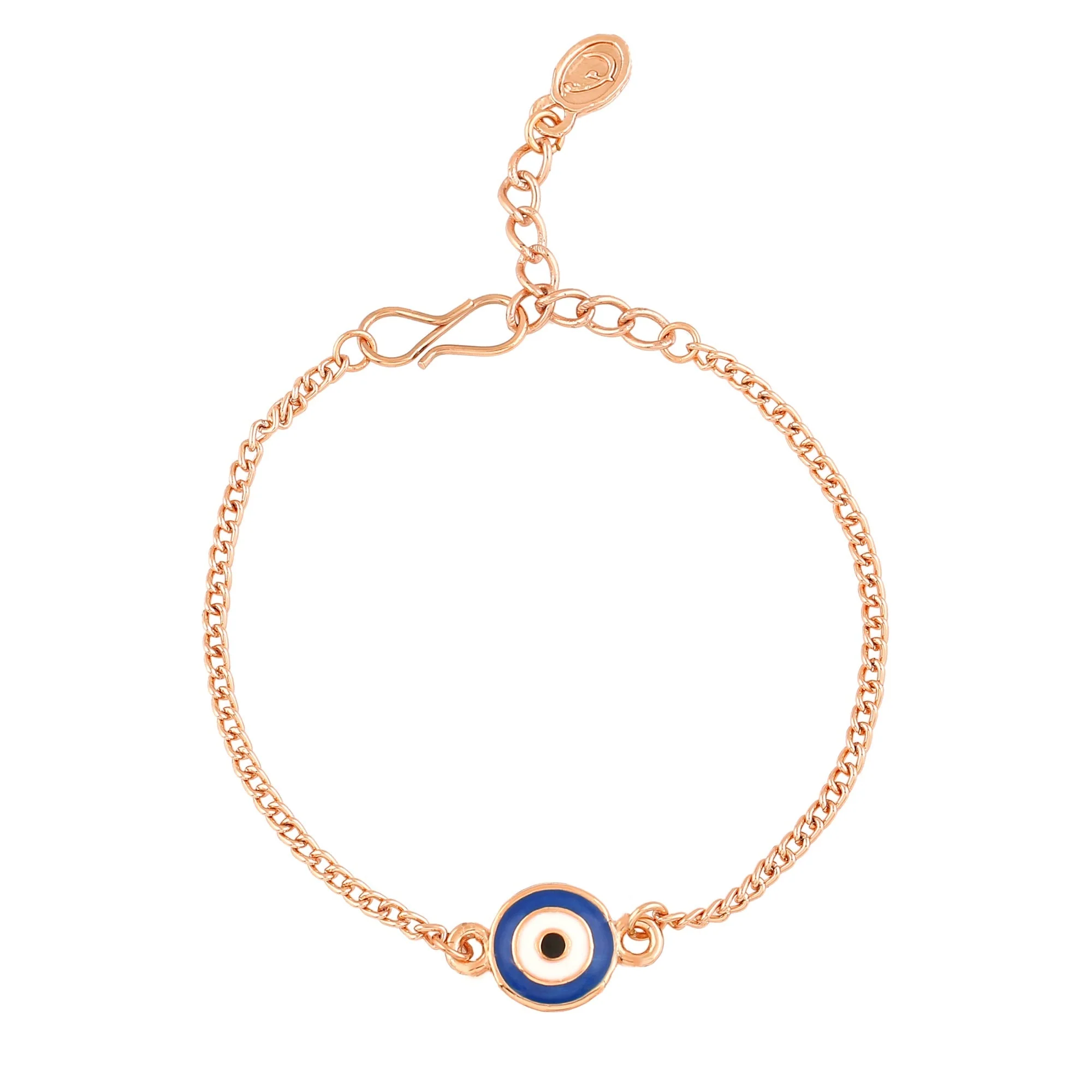 Estele Rose Gold Plated Round Evil Eye Navy Blue & White Rakhi Charm Bracelet - Image 5