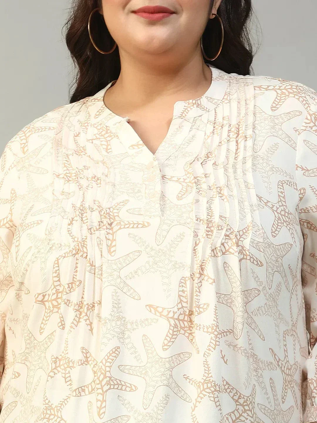 Ethereal Beige Floral Rayon Print Plus Size Women Top With Button Front, Pleated Details, And Long Sleeves. - Image 6