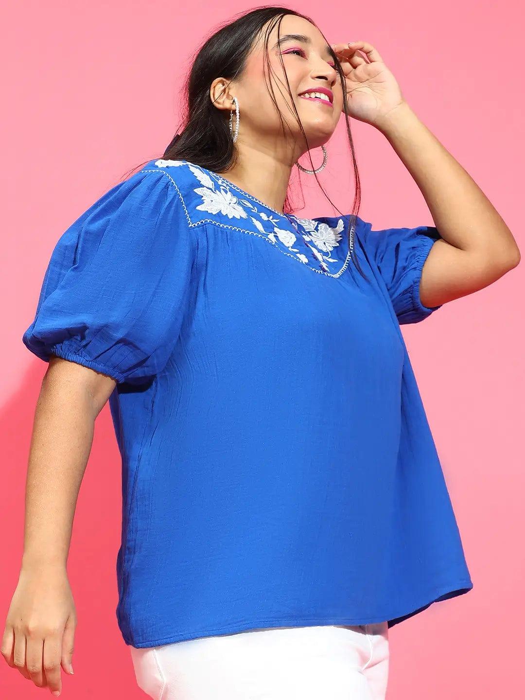 Ethereal Blue Embroidered Short Sleeve Plus Size Loopy Top - Image 4