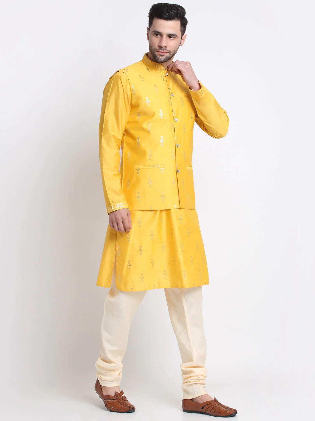 Ethnic Motifs Embroidered Sequence Regular Kurta With Churidar & Nehru Jacket - Image 29