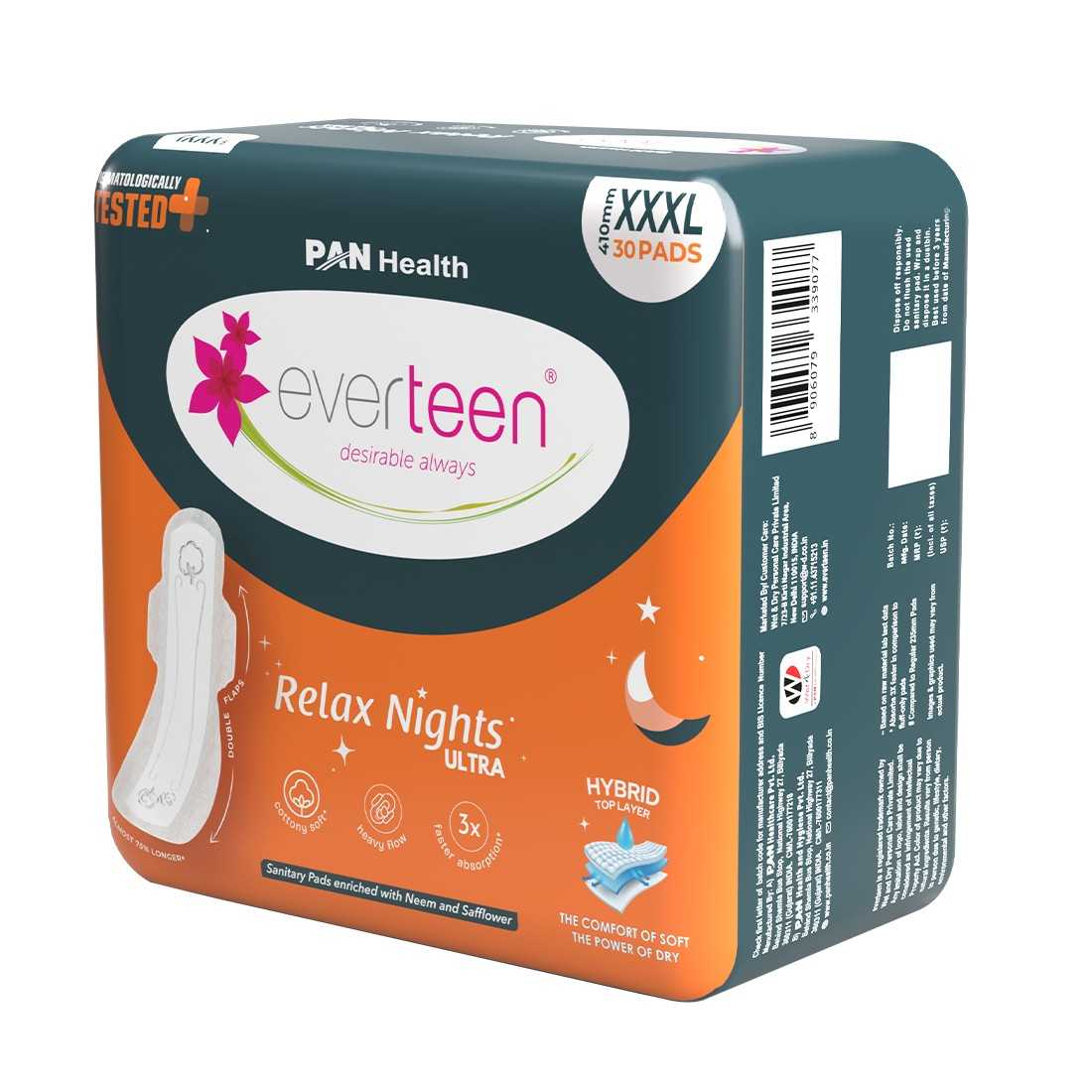 everteen Relax Nights Ultra Overnight XXXL Sanitary Pads, Neem, Safflower, Dermatologically Tested, Heavy Flow, Postpartum Care - 30 Pads (410mm) - Image 9