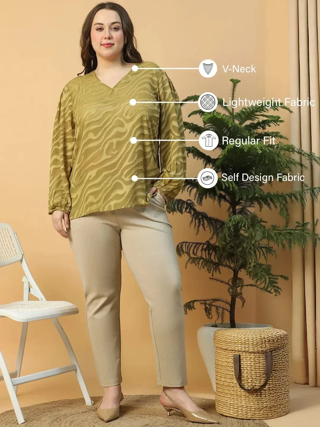 Exclusive Green Long Sleeve Dobby Meld Plus Size Women Top - Image 2