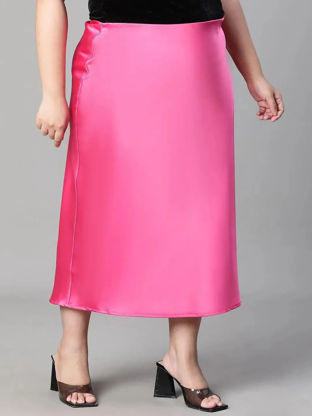 Eye-catchy Elasticated Plus Size Women Knee-length Satin Skirt - Image 4
