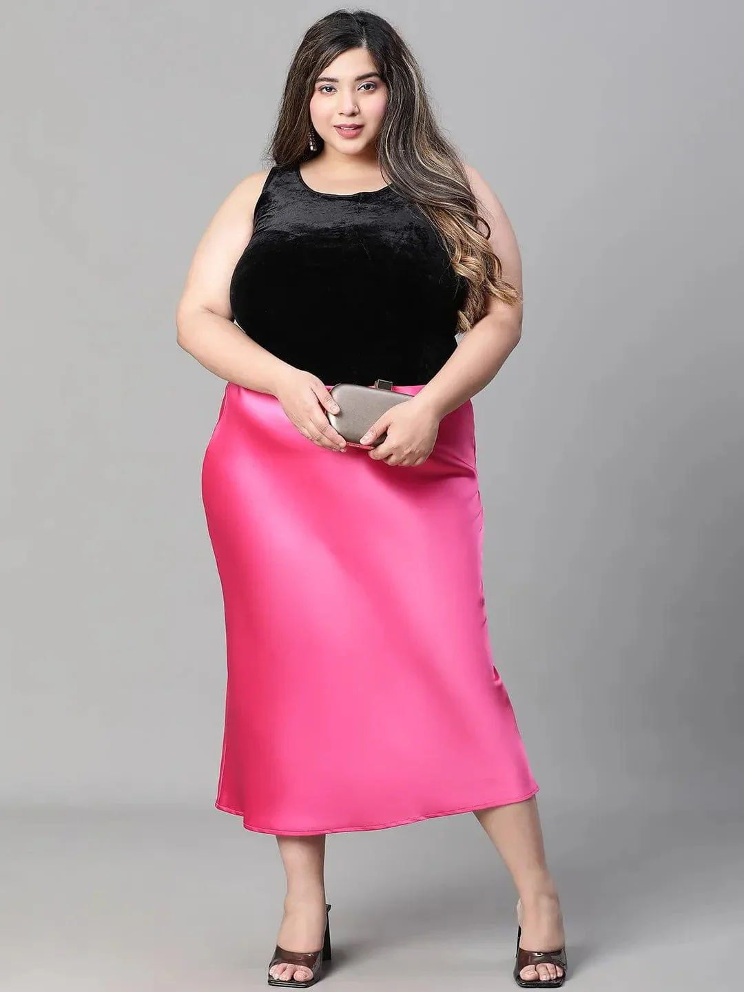 Eye-catchy Elasticated Plus Size Women Knee-length Satin Skirt - Image 8