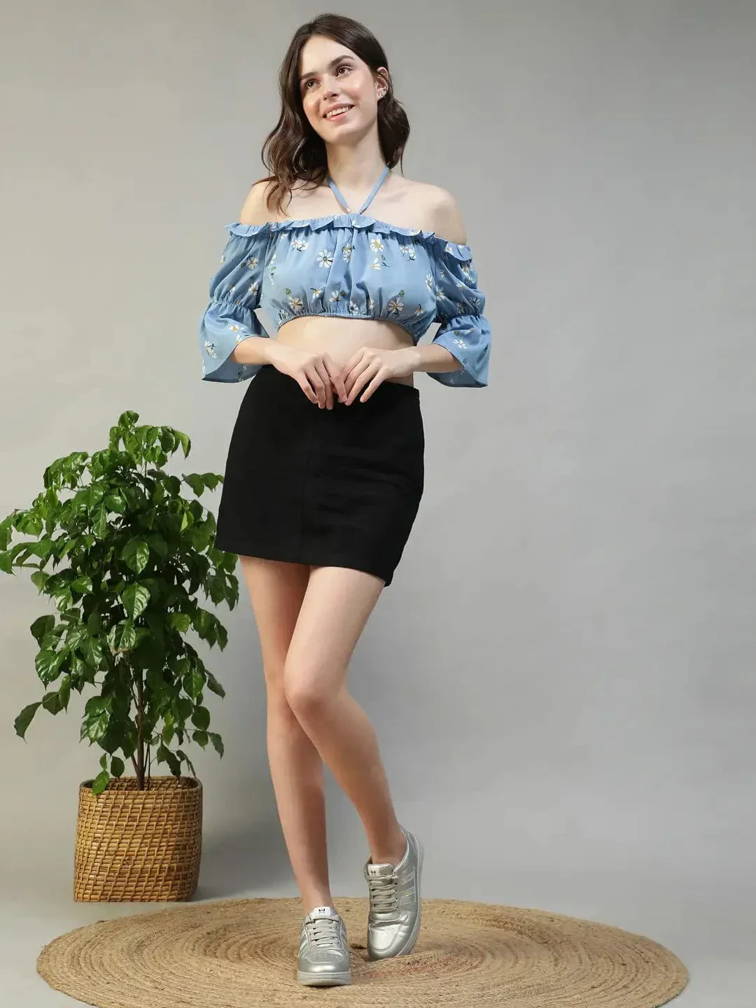 Fairy Blue Floral Print Ruffle & Tie-Up Detail women Off Shoulder Halter Crop Top - Image 2
