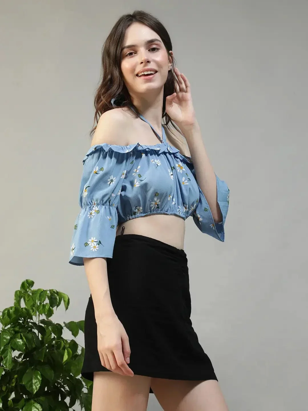 Fairy Blue Floral Print Ruffle & Tie-Up Detail women Off Shoulder Halter Crop Top - Image 4