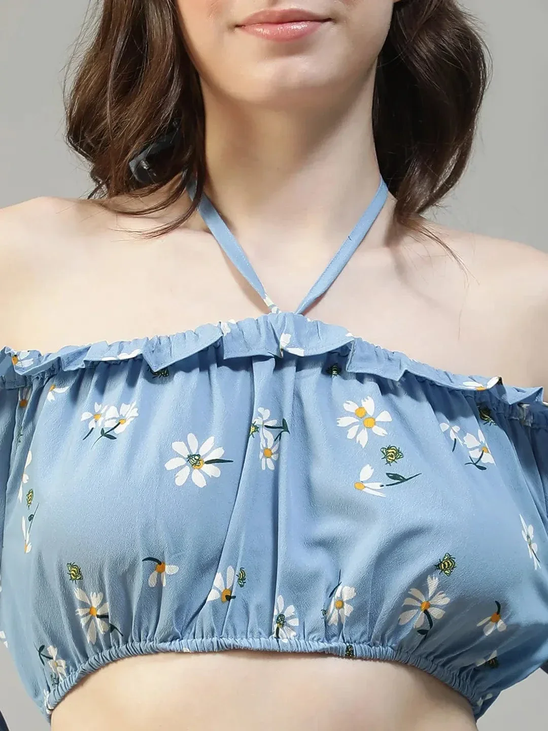 Fairy Blue Floral Print Ruffle & Tie-Up Detail women Off Shoulder Halter Crop Top - Image 6