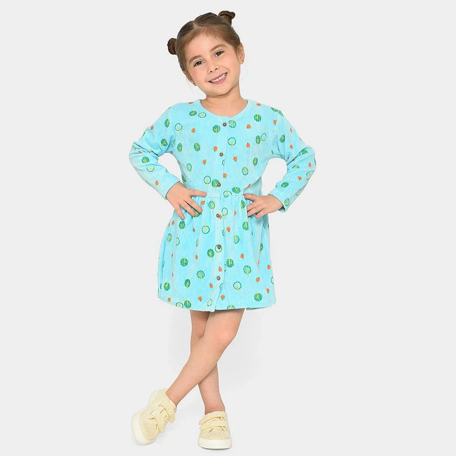 Farm Friends Front Open Printed Blue Baby Girl Dress