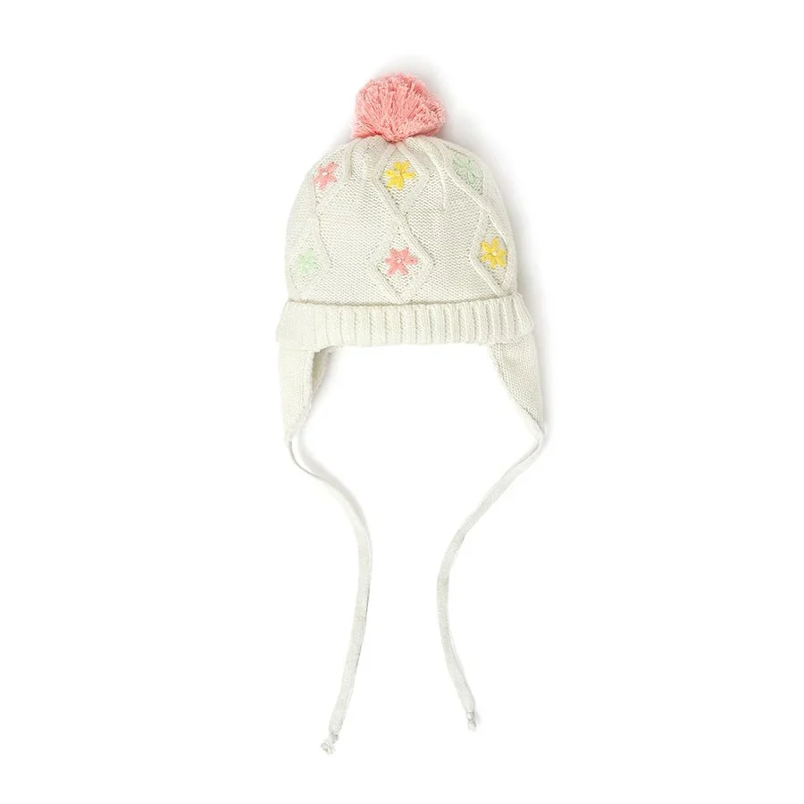 Farm Friends Knitted White Beanie Cap For Baby Girls