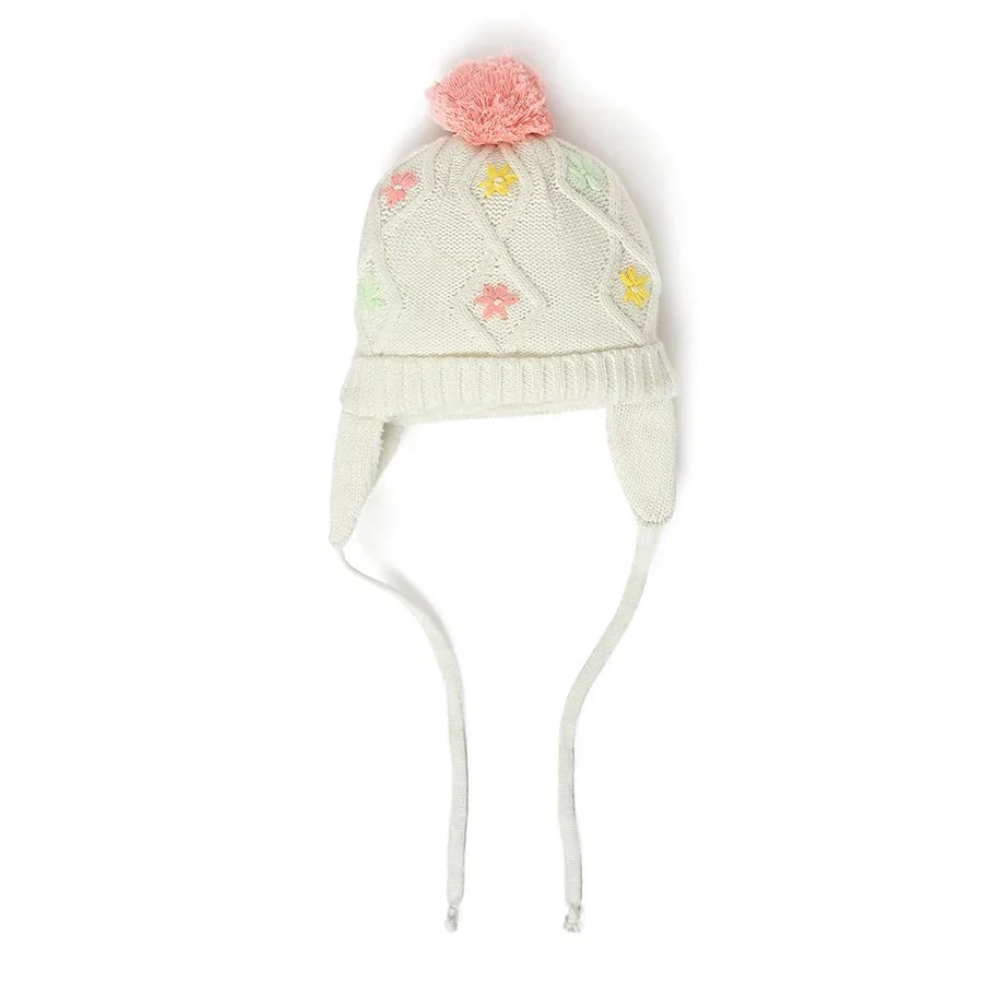 Farm Friends Knitted White Beanie Cap For Baby Girls - Image 3