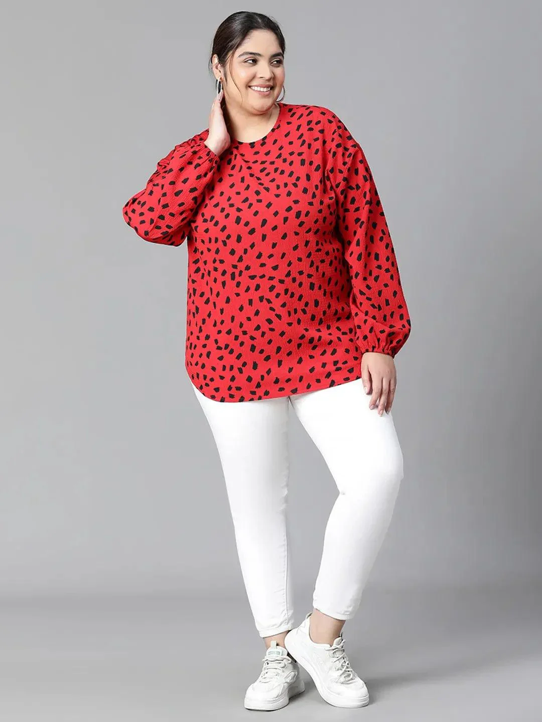 Fascinated Red Animal Print Long Sleeve Plus Size Women Loopy Top - Image 2
