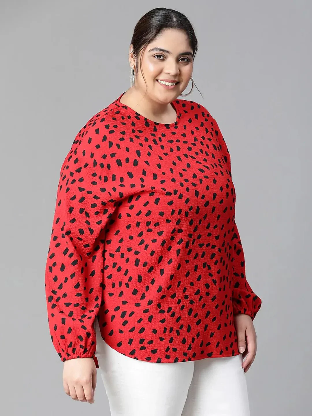 Fascinated Red Animal Print Long Sleeve Plus Size Women Loopy Top - Image 3